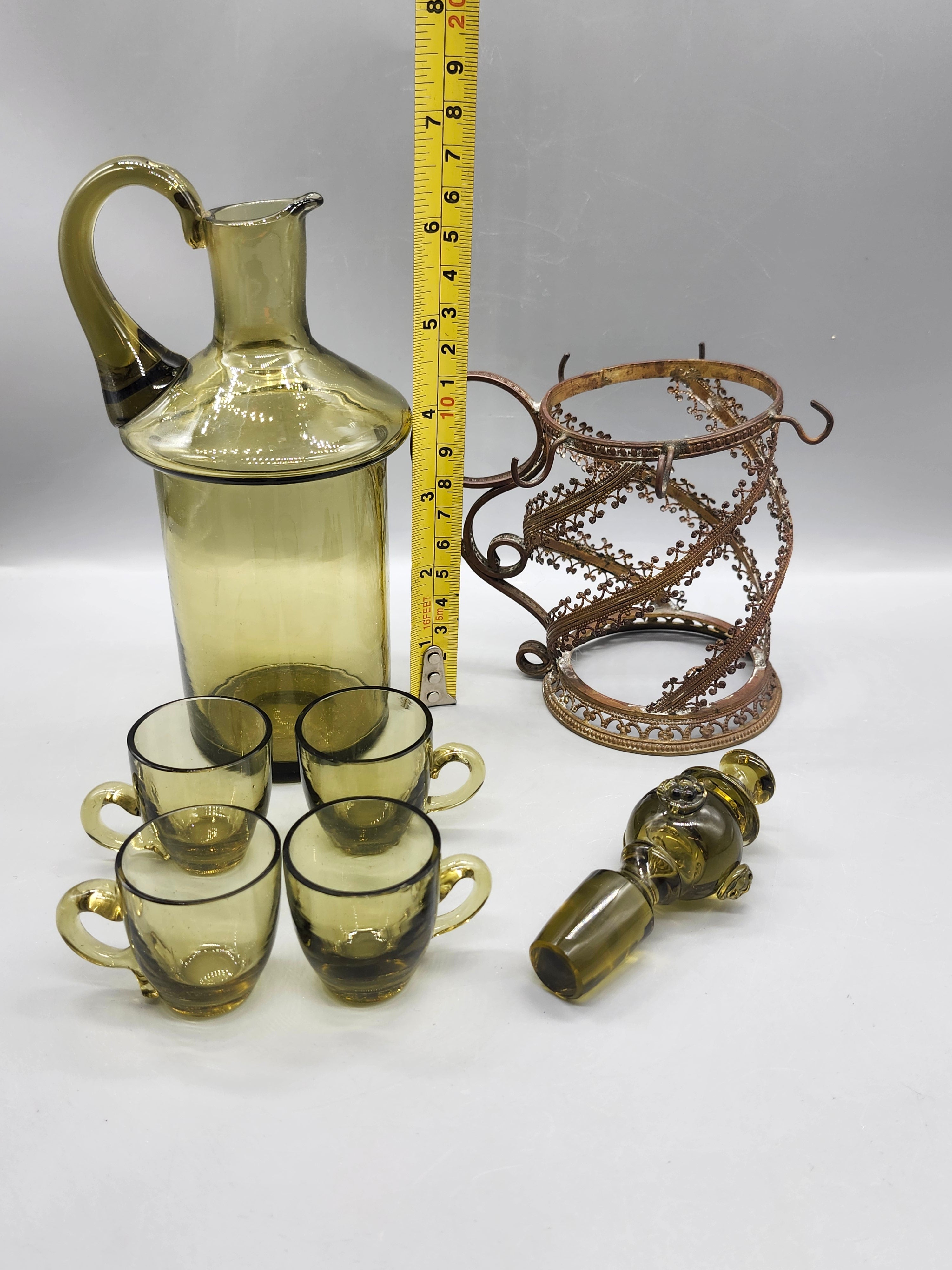 Vintage Green Glass Decanter 4 Cups Caddy Set Empoli Italian Genie Bottle