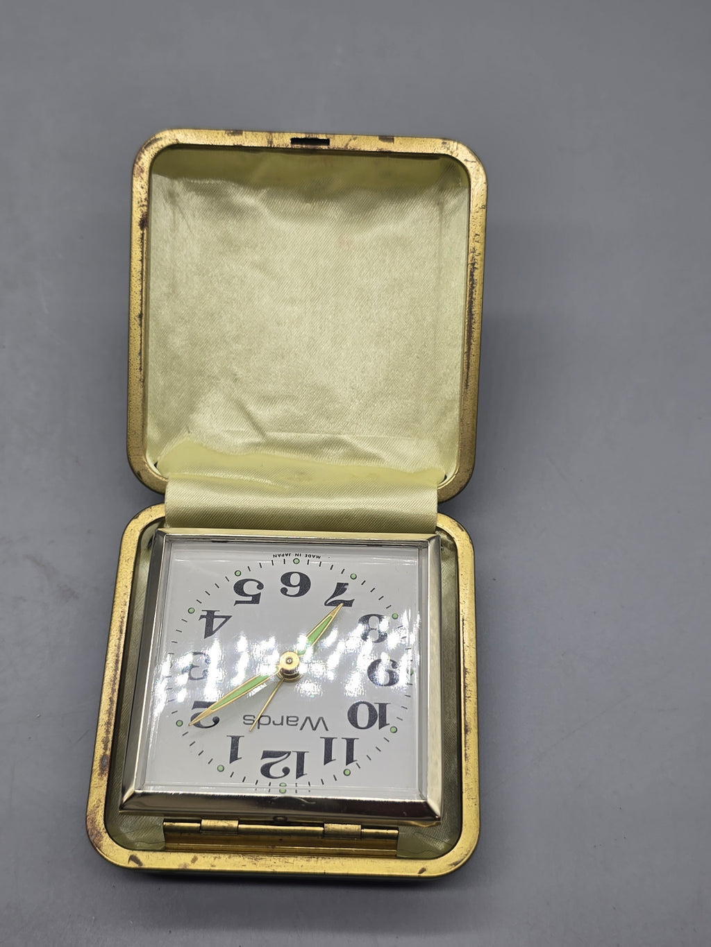 Vintage Wards Travel Alarm Clock Folding Case Made in Japan Wind-Up Mechanical Black Gold