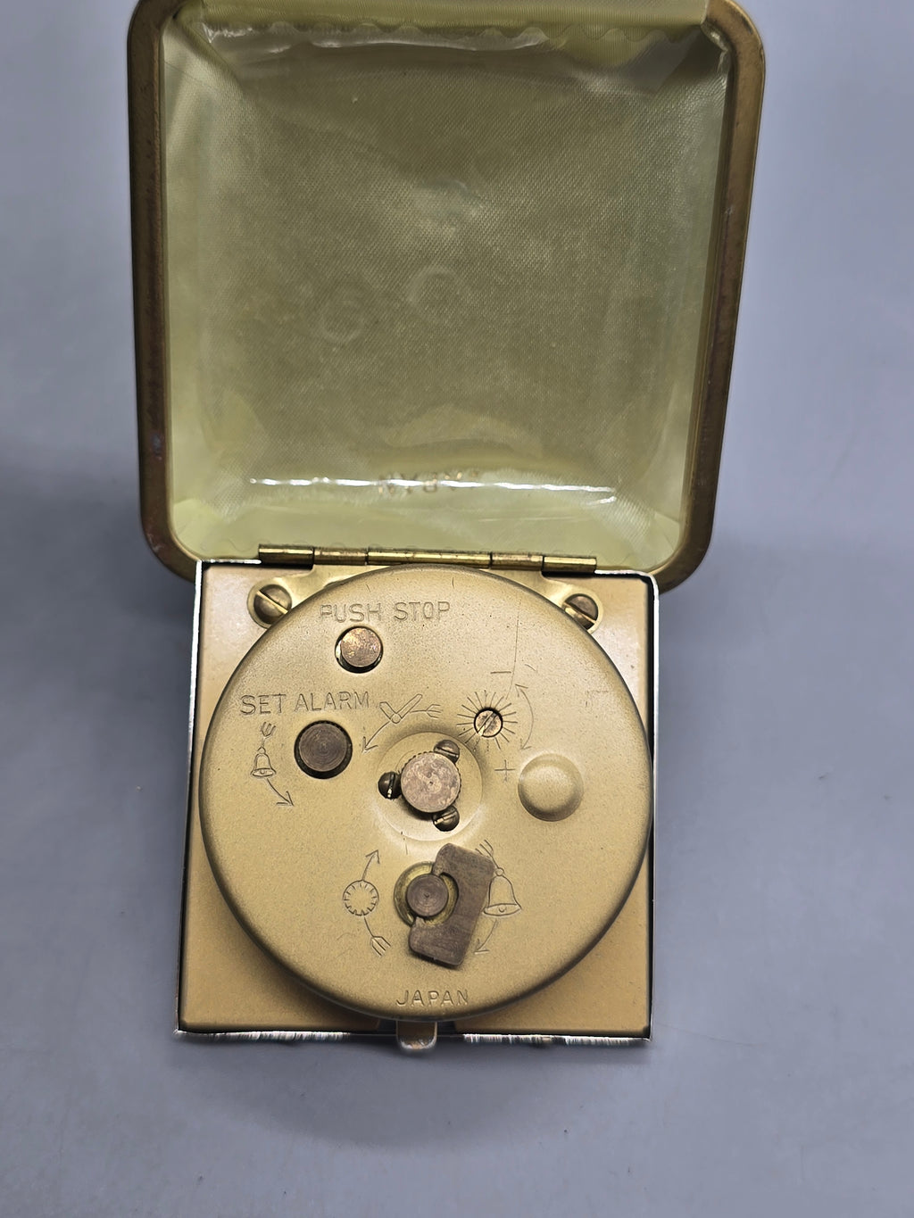 Vintage Wards Travel Alarm Clock Folding Case Made in Japan Wind-Up Mechanical Black Gold