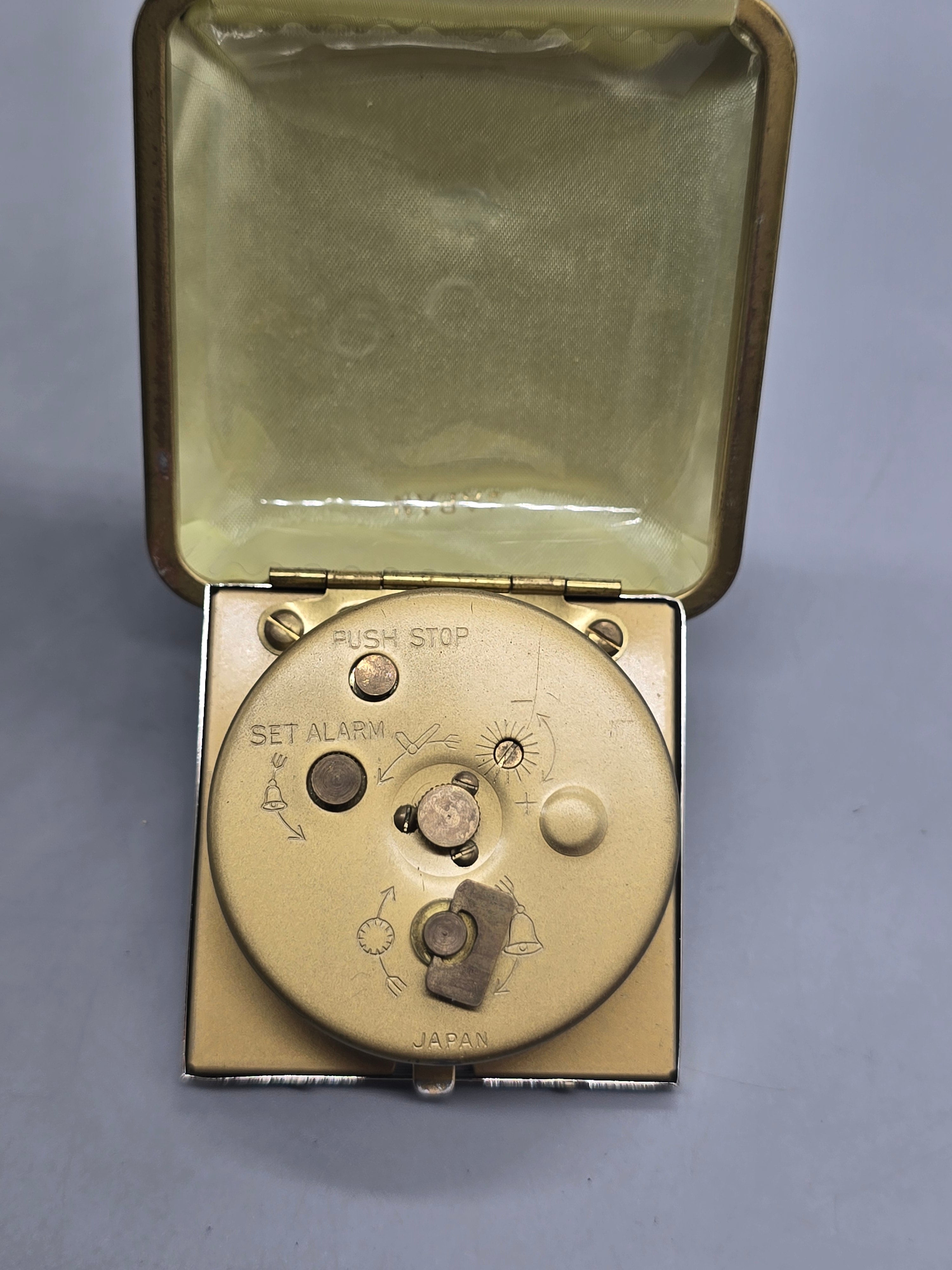 Vintage Wards Travel Alarm Clock Folding Case Made in Japan Wind-Up Mechanical Black Gold