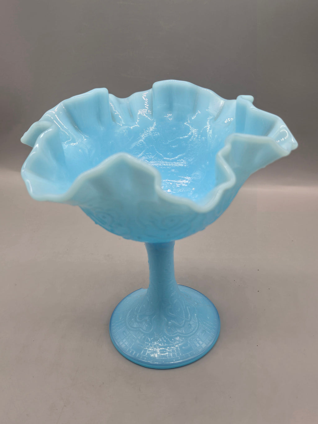 Fenton Blue Satin Glass Compote Pedestal Bowl – Ruffled Edge Candy Dish – Vintage Milk Glass