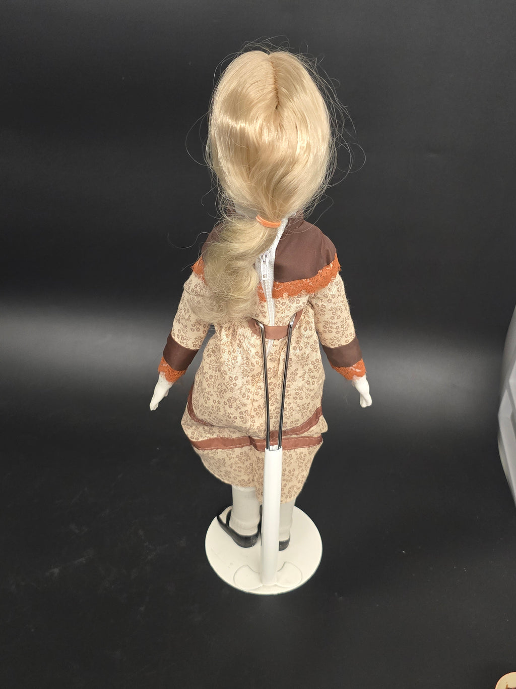 Vintage Porcelain Doll – Blonde Hair – Cloth Body – Brown Prairie Dress – Approx. 18"