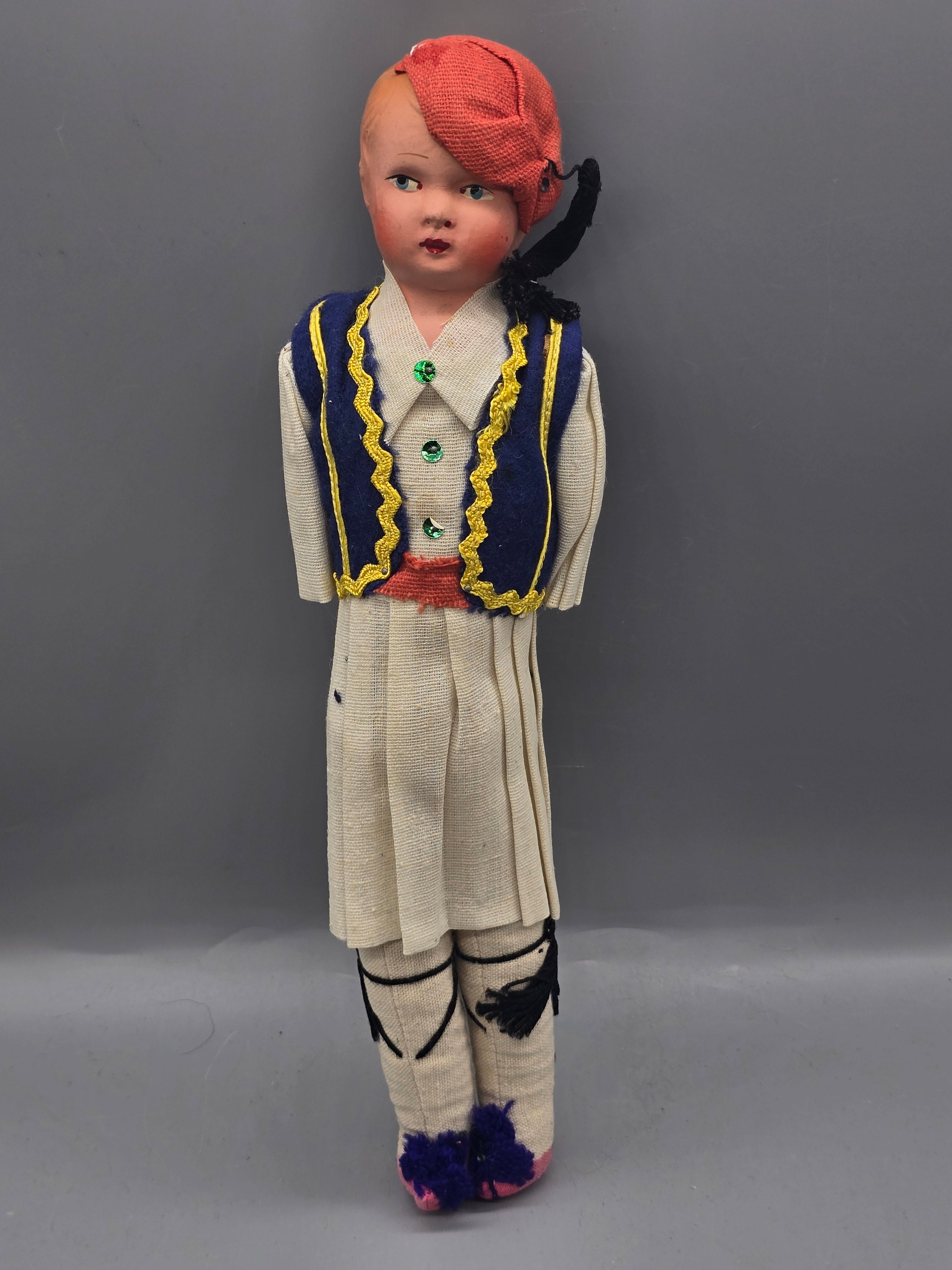 Vintage Greek Evzone Souvenir Doll Hand Painted Composition Face Traditional Folk Costume 10 Inch