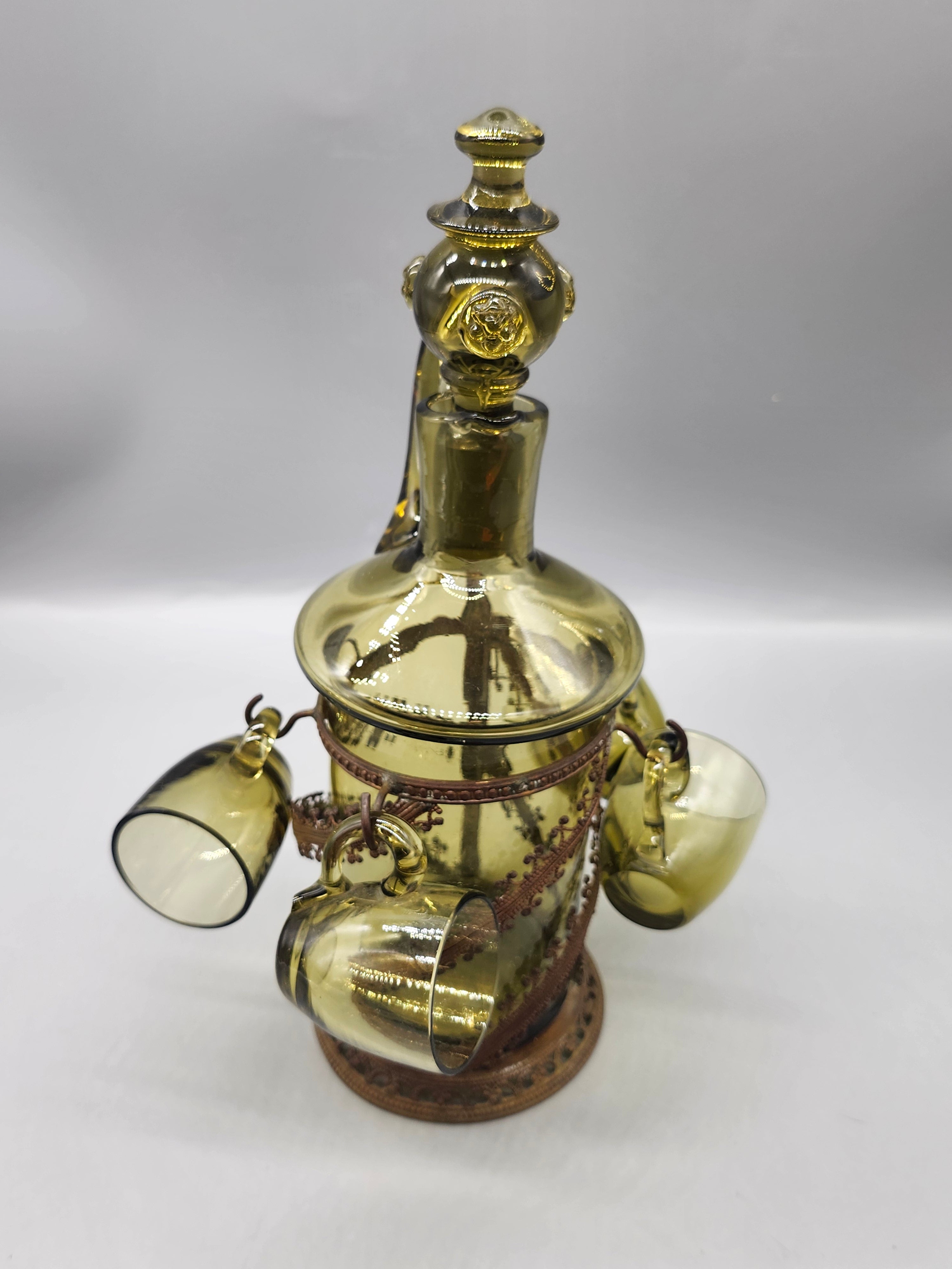 Vintage Green Glass Decanter 4 Cups Caddy Set Empoli Italian Genie Bottle