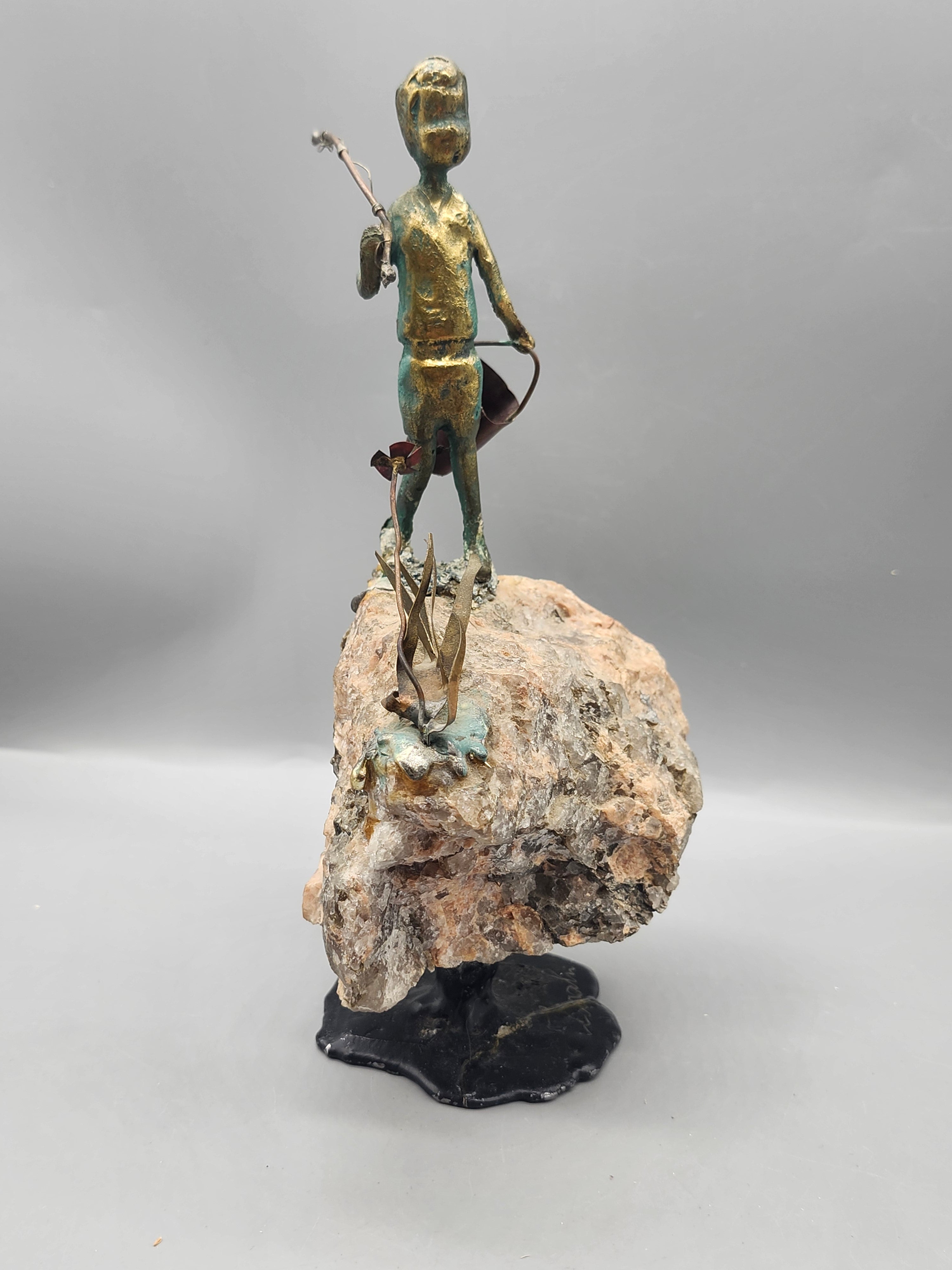 Signed Mixed Media Fisherman Sculpture on Quartz Rock Handmade Art Statue