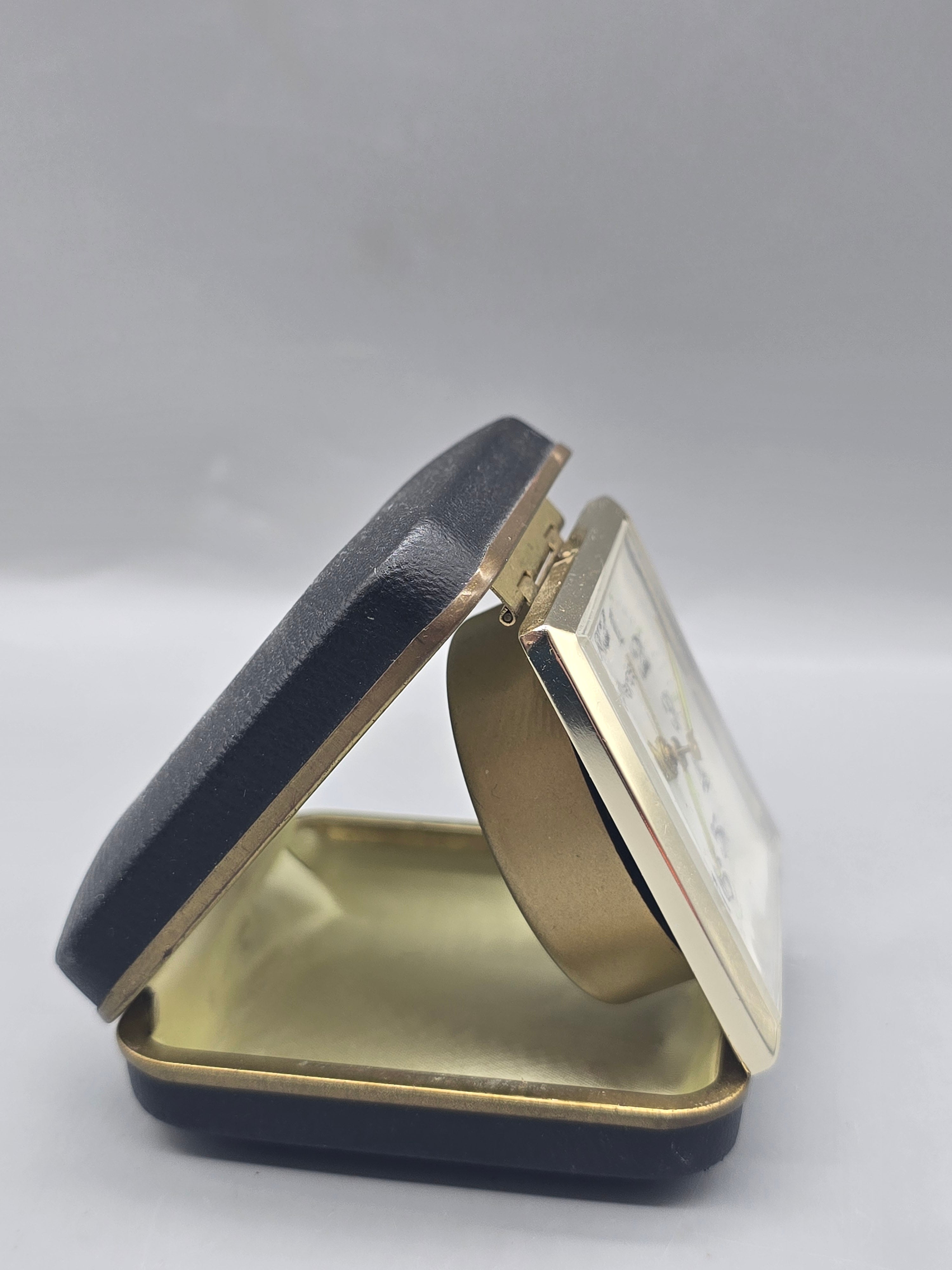 Vintage Wards Travel Alarm Clock Folding Case Made in Japan Wind-Up Mechanical Black Gold