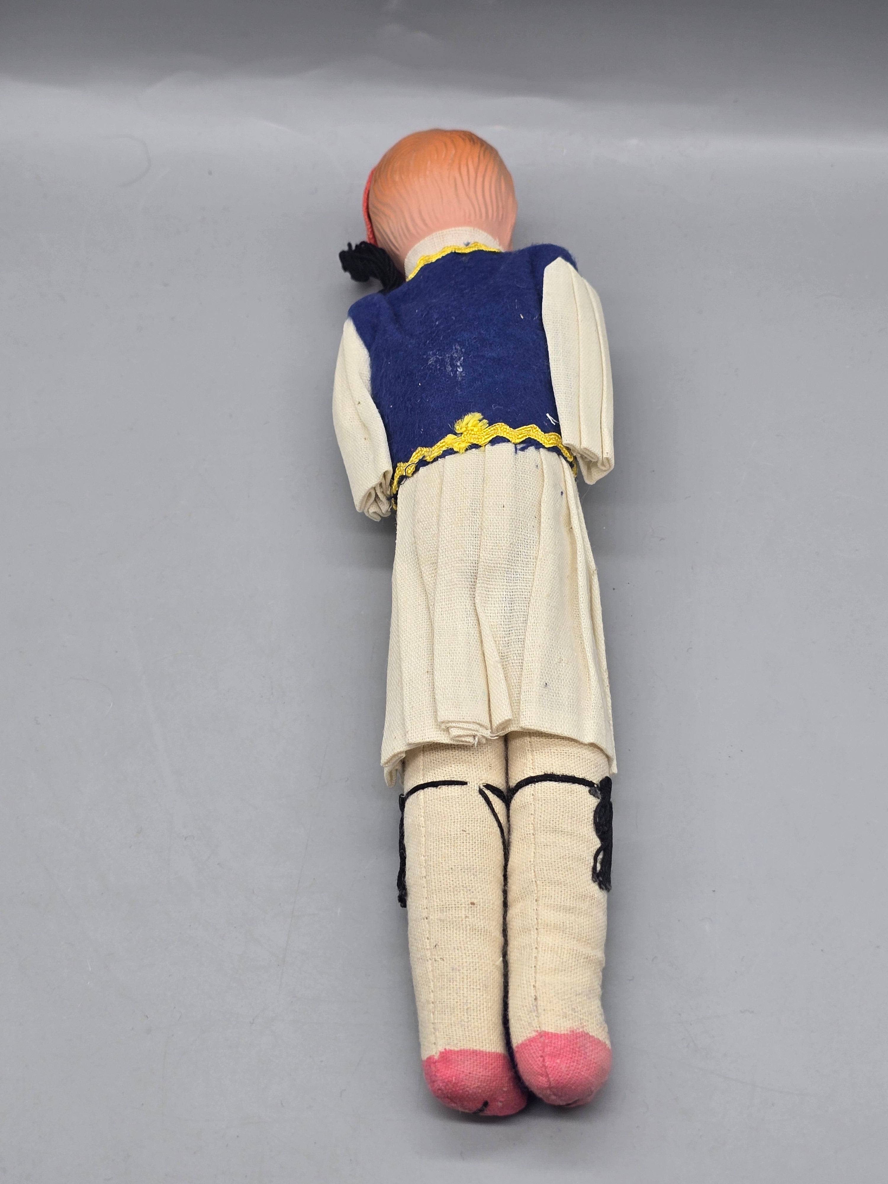 Vintage Greek Evzone Souvenir Doll Hand Painted Composition Face Traditional Folk Costume 10 Inch