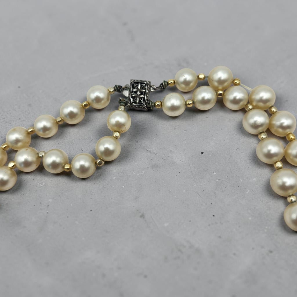 Vintage 22" Double Strand Faux Pearl Necklace Sterling Silver Clasp Gold Tone Spacers