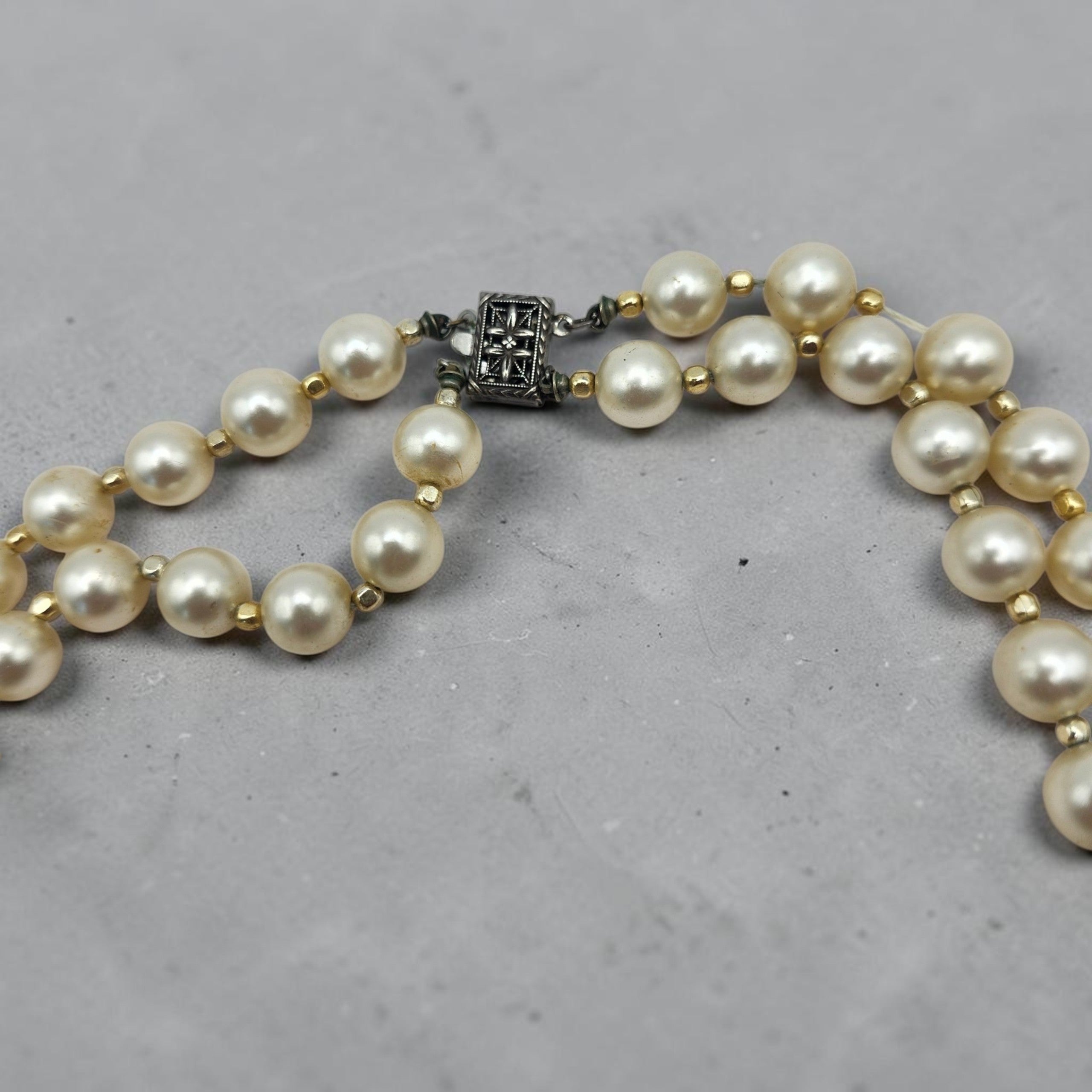 Vintage 22" Double Strand Faux Pearl Necklace Sterling Silver Clasp Gold Tone Spacers