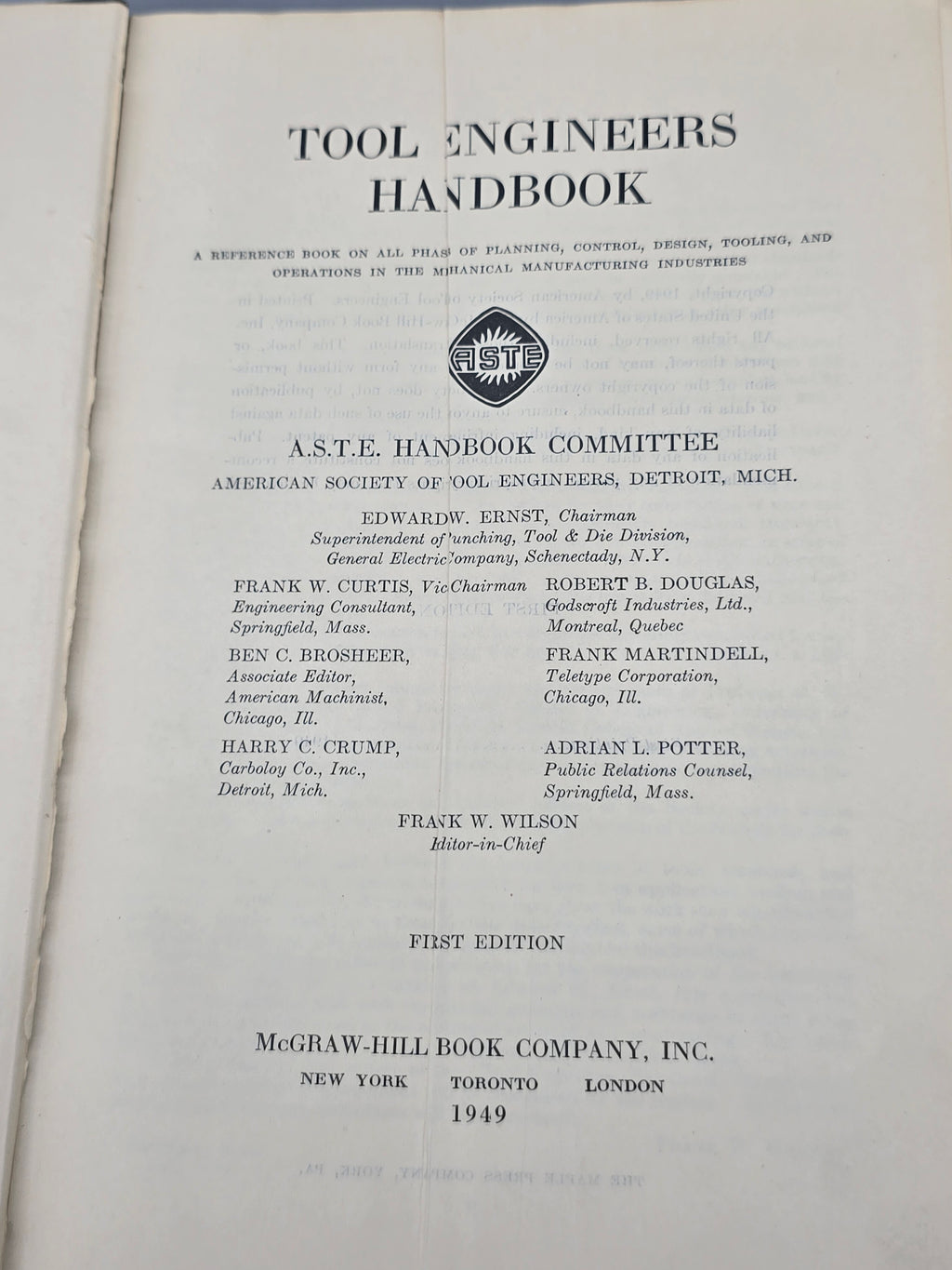 Vintage 1949 Tool Engineers Handbook – First Edition First Printing ASTE