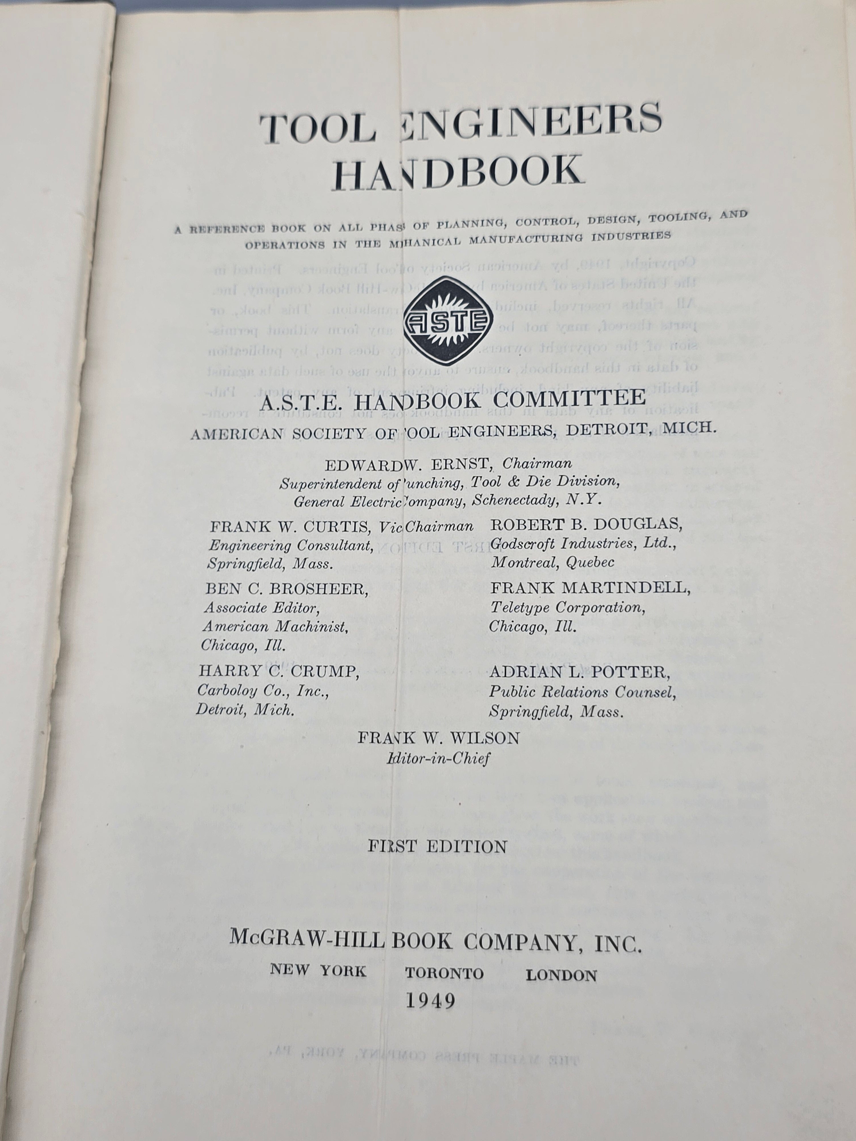 Vintage 1949 Tool Engineers Handbook – First Edition First Printing ASTE
