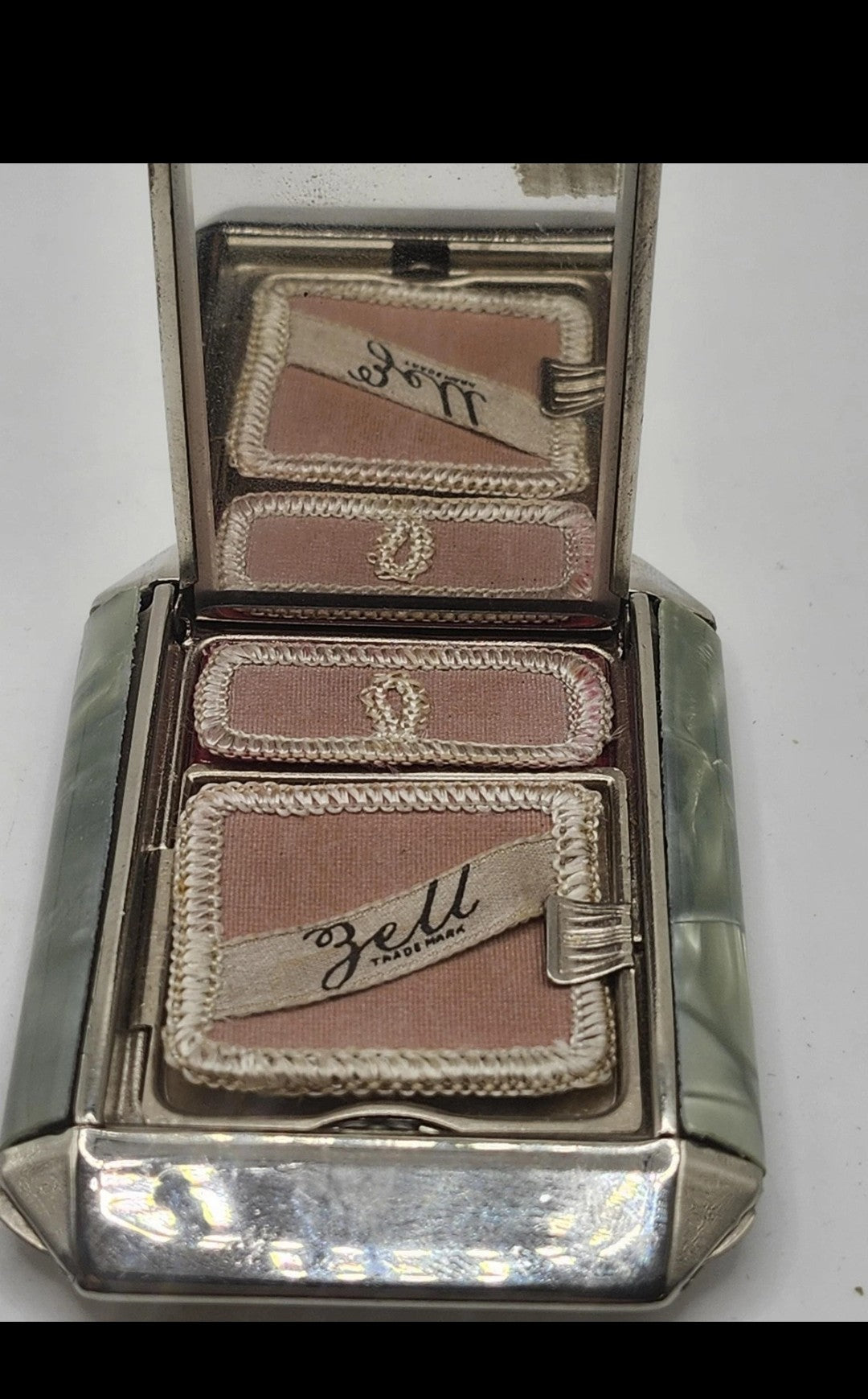 Vintage Zell Green Marbled Compact Face Powder Rouge Mirror Art Deco Case Vanity