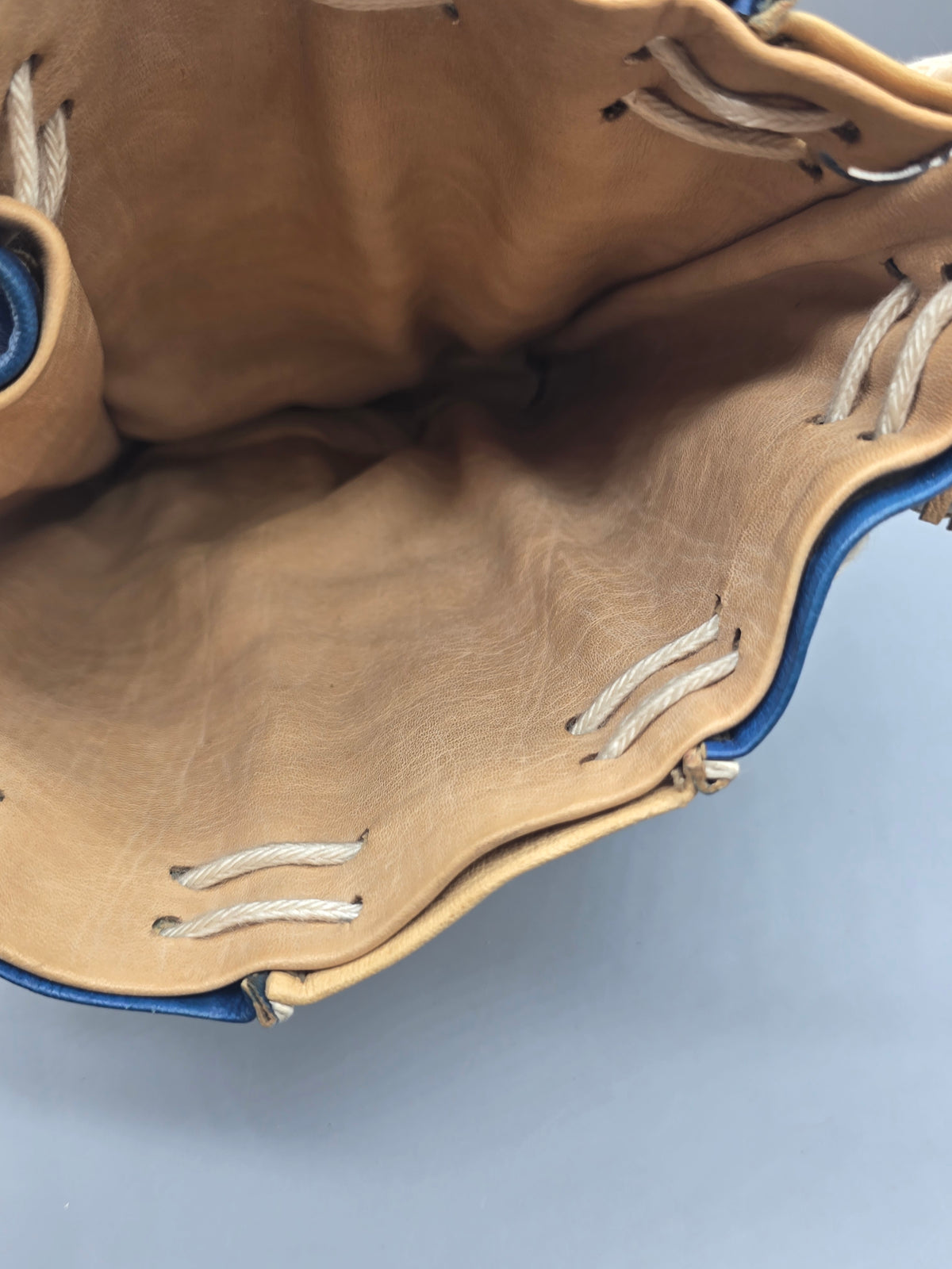 Vintage Handmade French Moroccan Leather Drawstring Bucket Bag Blue & Tan Boho Purse