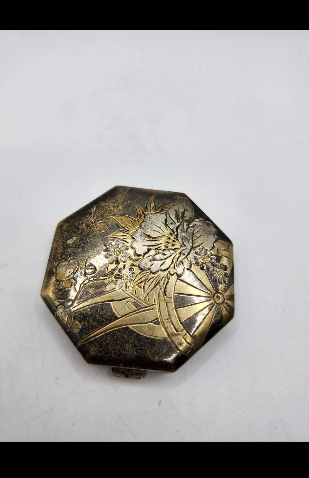 Vintage Art Deco Floral Powder Compact Mirror Octagon Gold Silver Tone Case
