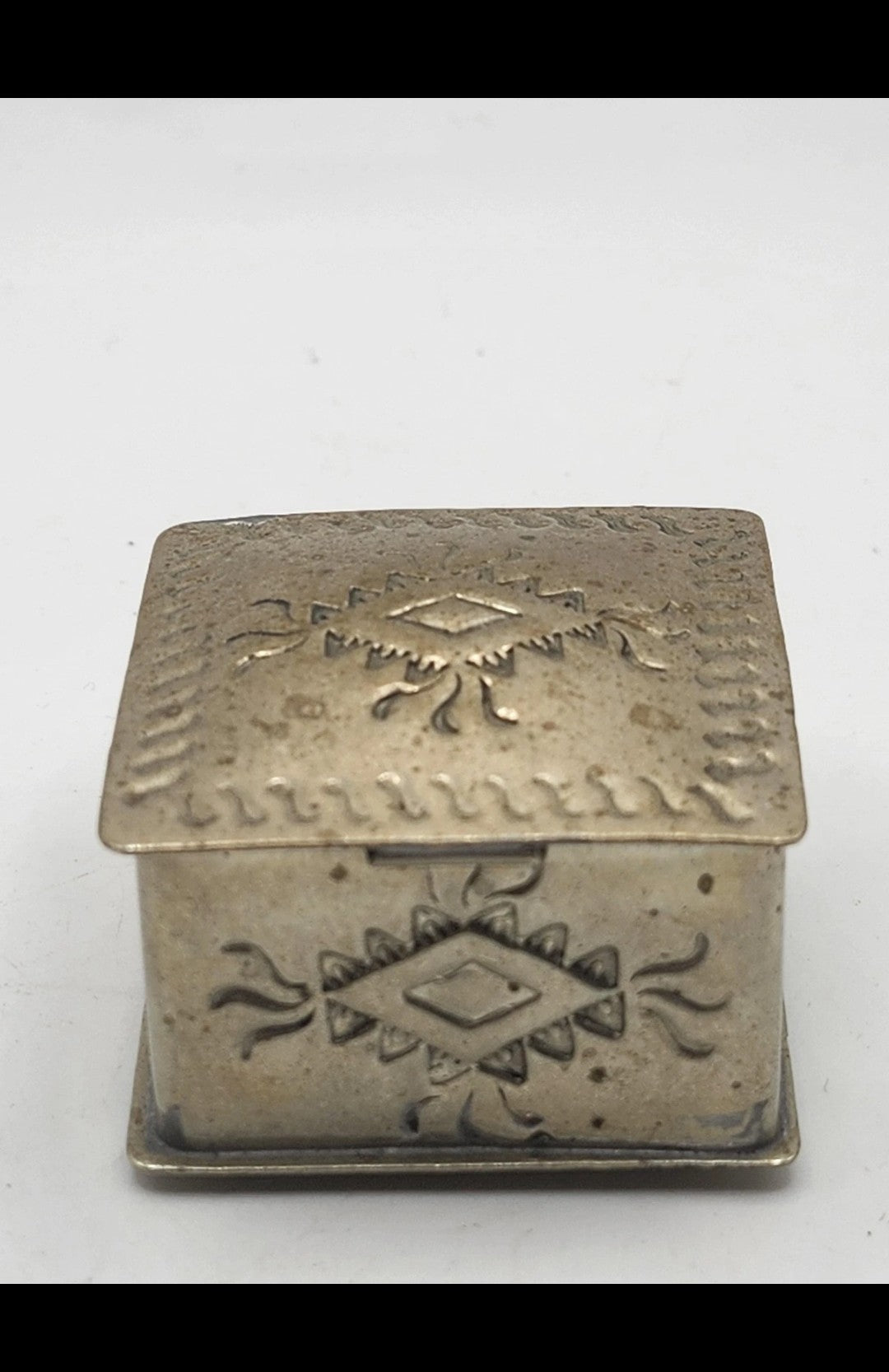 Small Silver Metal Trinket Box Southwestern Geometric Design Hinged Lid Decor