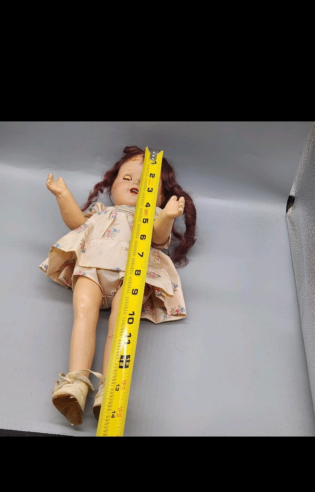 Vintage Composition Girl Doll 17 In Brown Hair Green Eyes Floral Dress Shoes