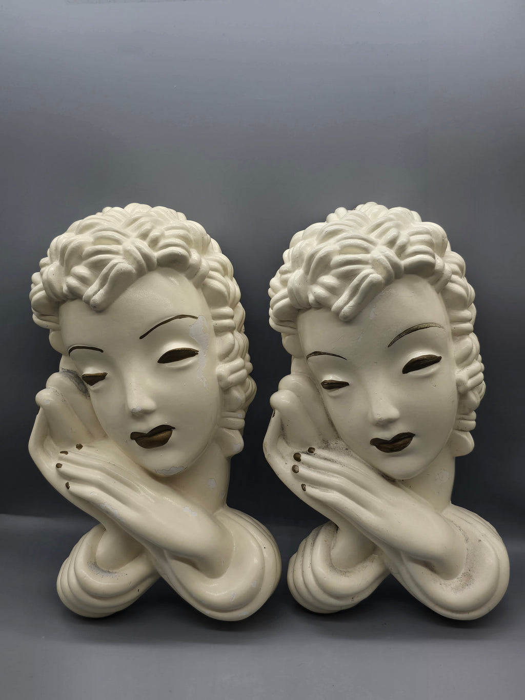 Vintage Art Deco Style Lady Wall Plaques Chalkware/Plaster Wall Hanging Set of 2 – 10"