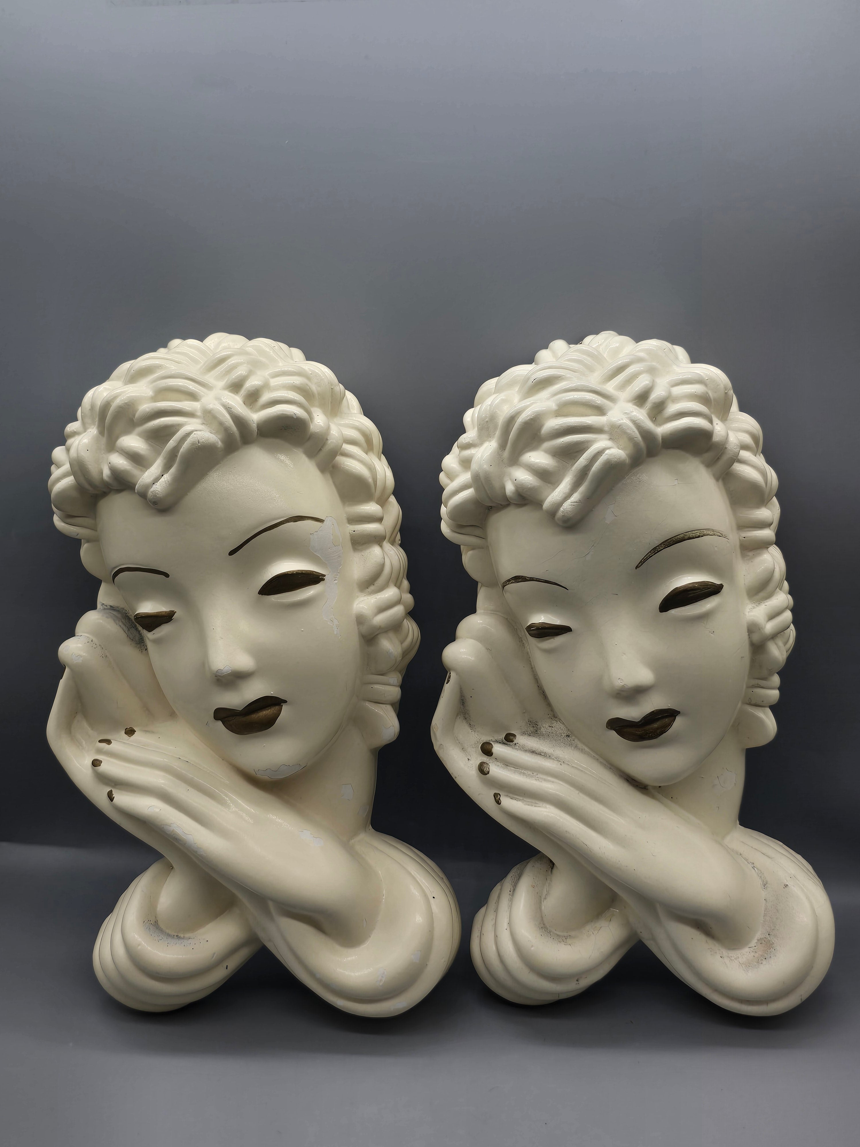Vintage Art Deco Style Lady Wall Plaques Chalkware/Plaster Wall Hanging Set of 2 – 10"