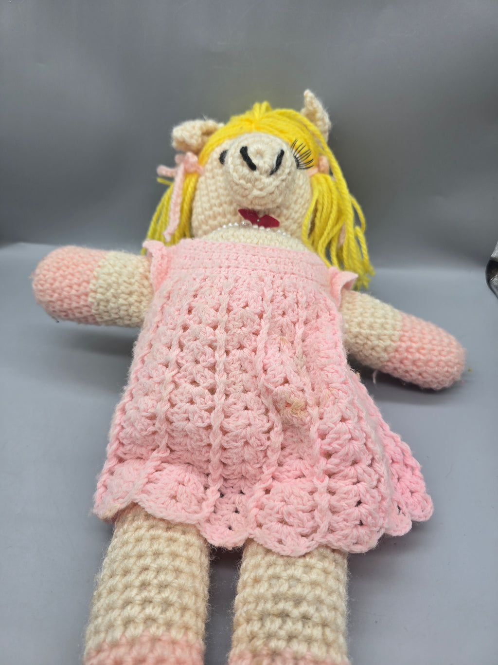 Handmade Crochet Pig Doll – Pink Dress – Blonde Yarn Hair – 17" Plush Collectible