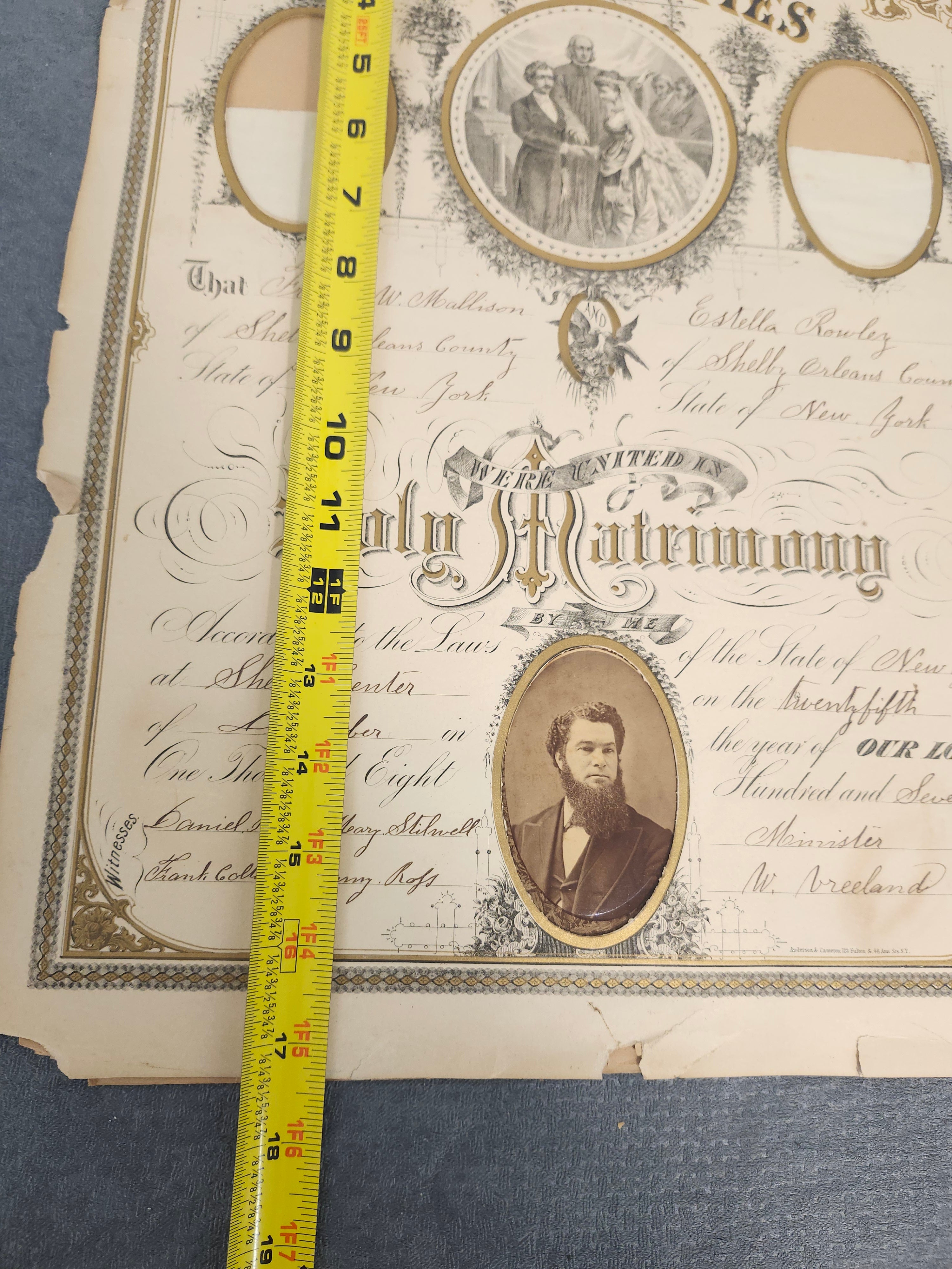 1879 Antique New York Marriage Certificate w Tintype Photo Ornate Document