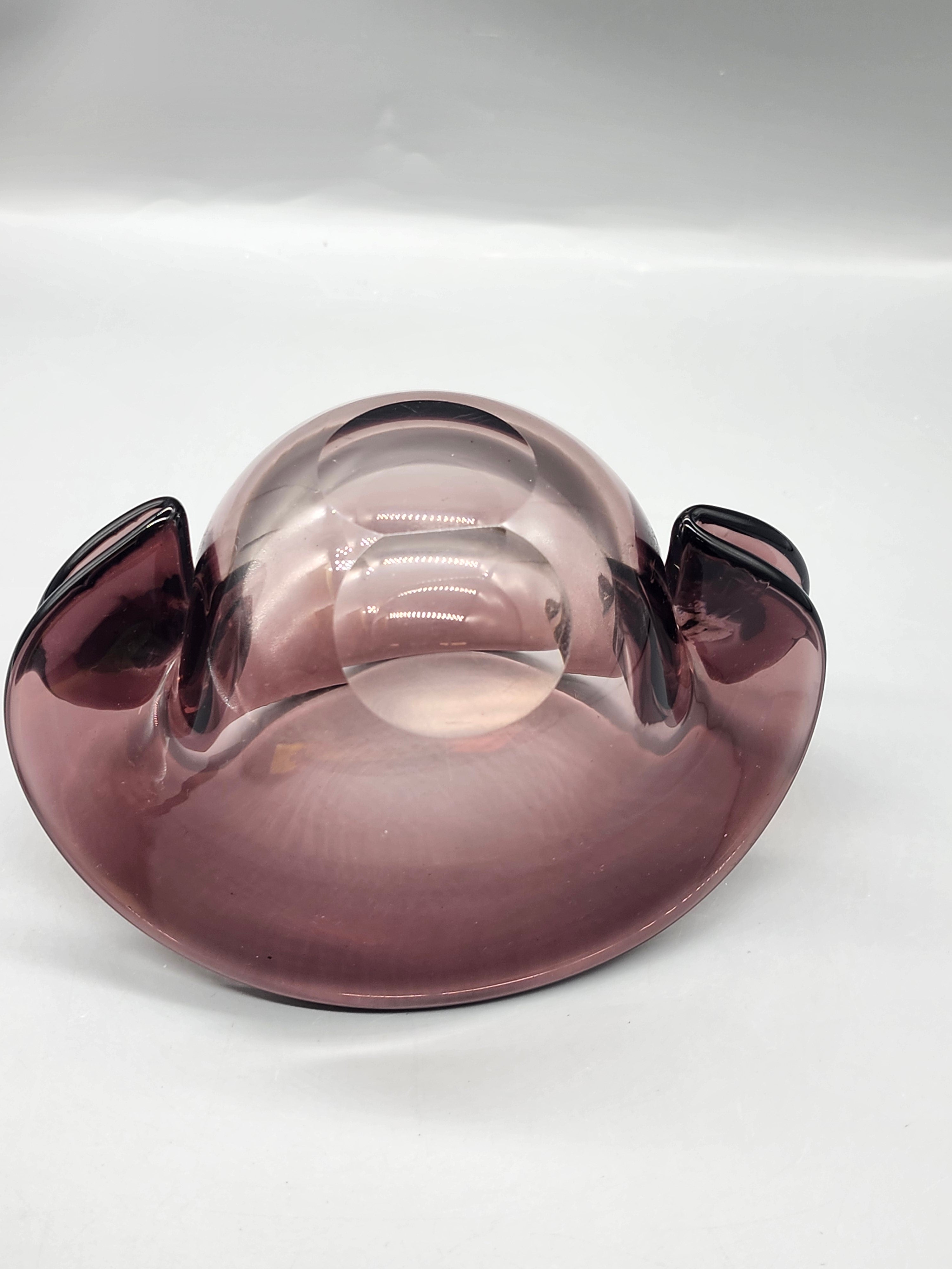 Vintage Amethyst Art Glass Clam Shell Bowl Purple Hand Blown Centerpiece