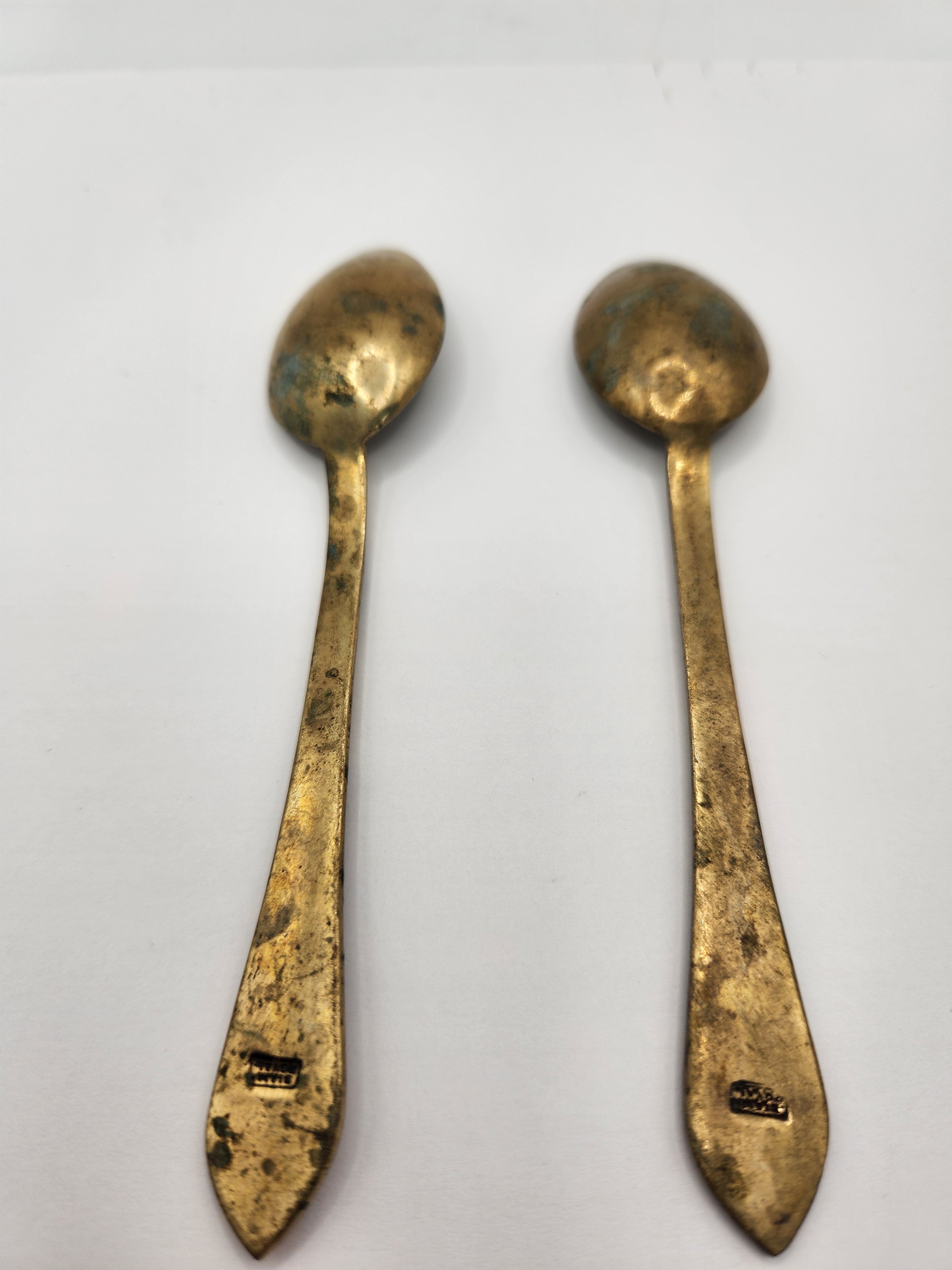 Vintage Brass Cloisonne Demitasse Spoons Set of 2 Red Enamel Floral Handles