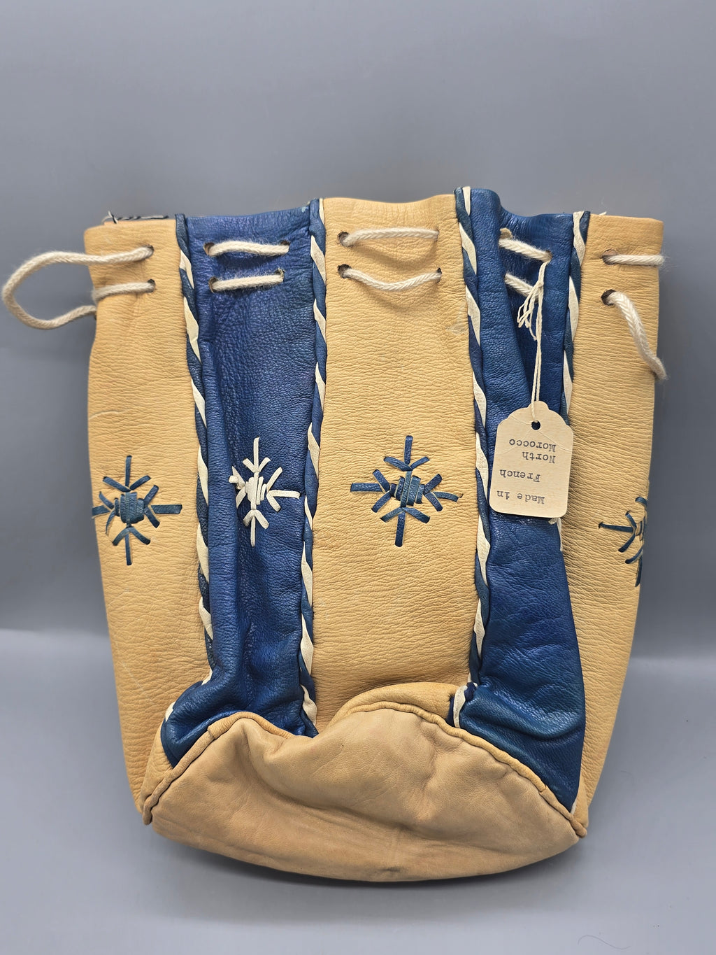 Vintage Handmade French Moroccan Leather Drawstring Bucket Bag Blue & Tan Boho Purse