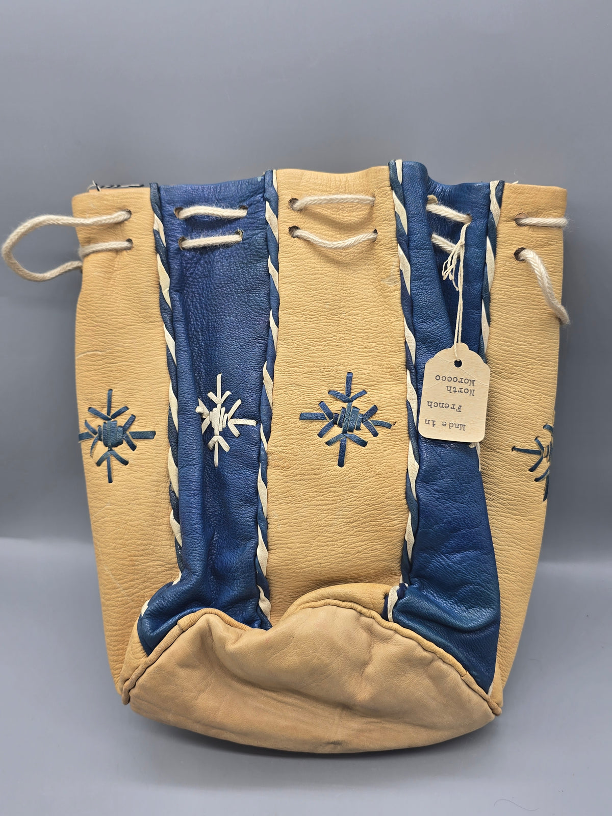 Vintage Handmade French Moroccan Leather Drawstring Bucket Bag Blue & Tan Boho Purse