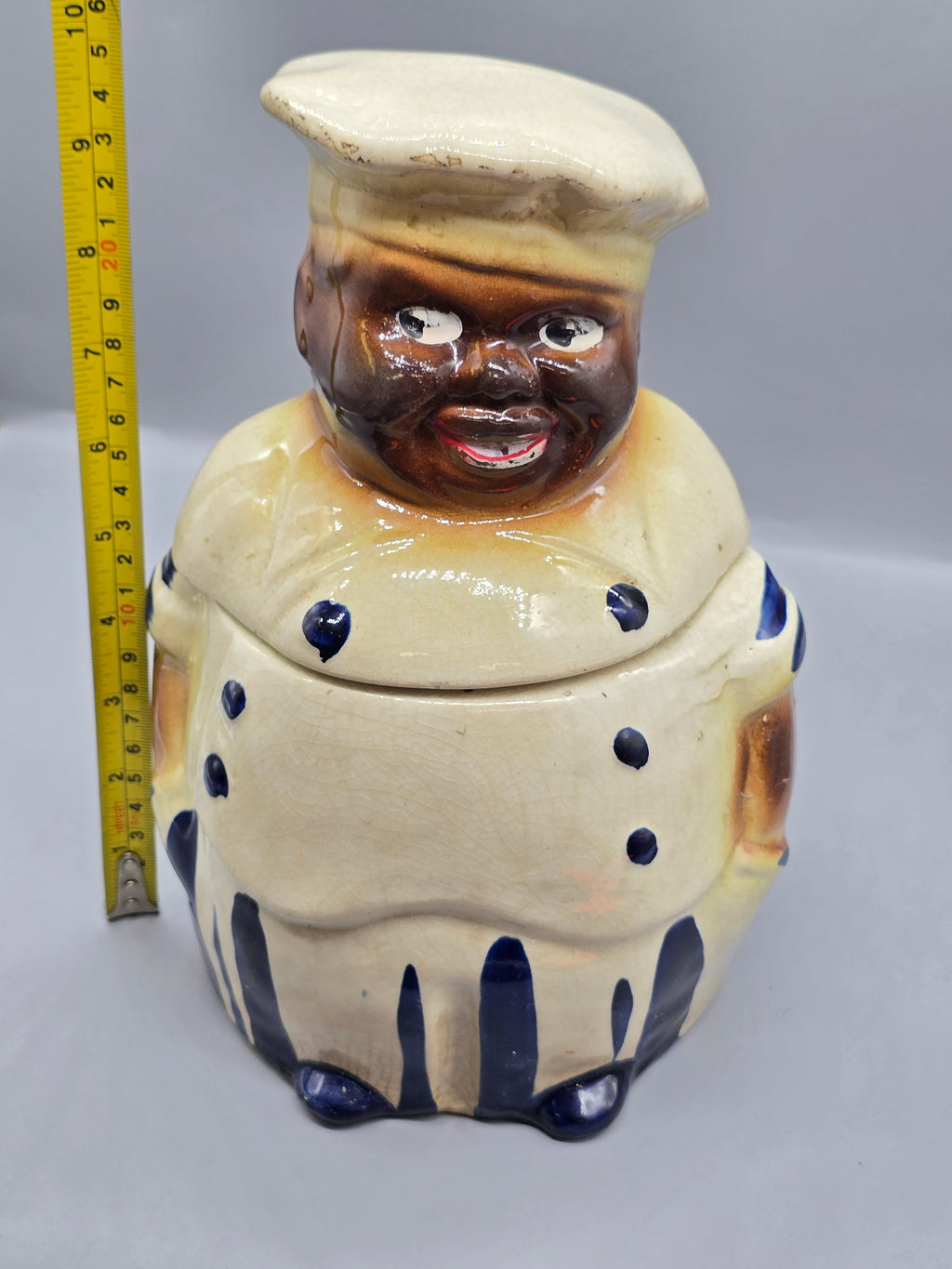 Vintage Black Americana Chef Cookie Jar Blue & White Pottery Ceramic w/ Lid