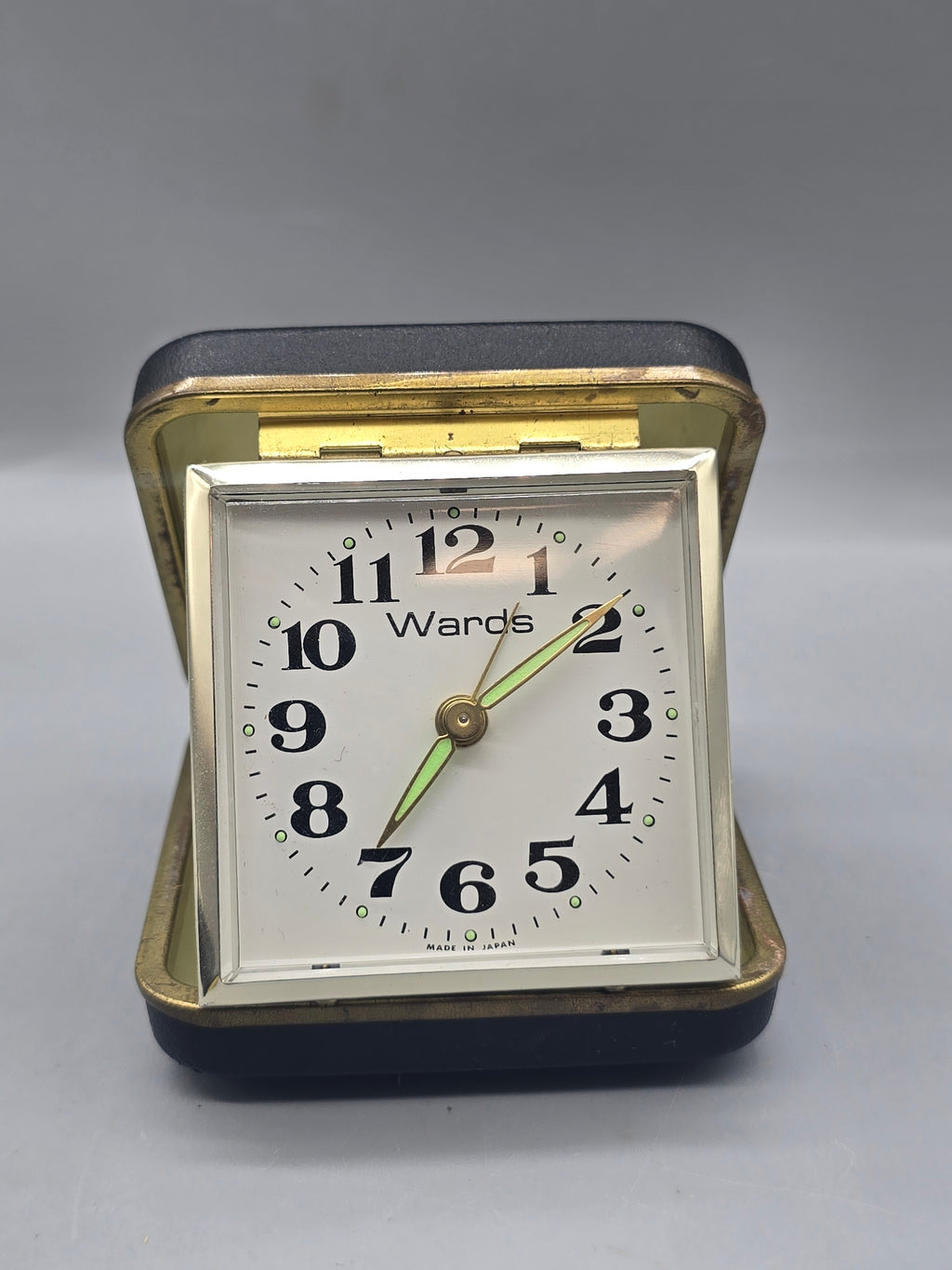 Vintage Wards Travel Alarm Clock Folding Case Made in Japan Wind-Up Mechanical Black Gold