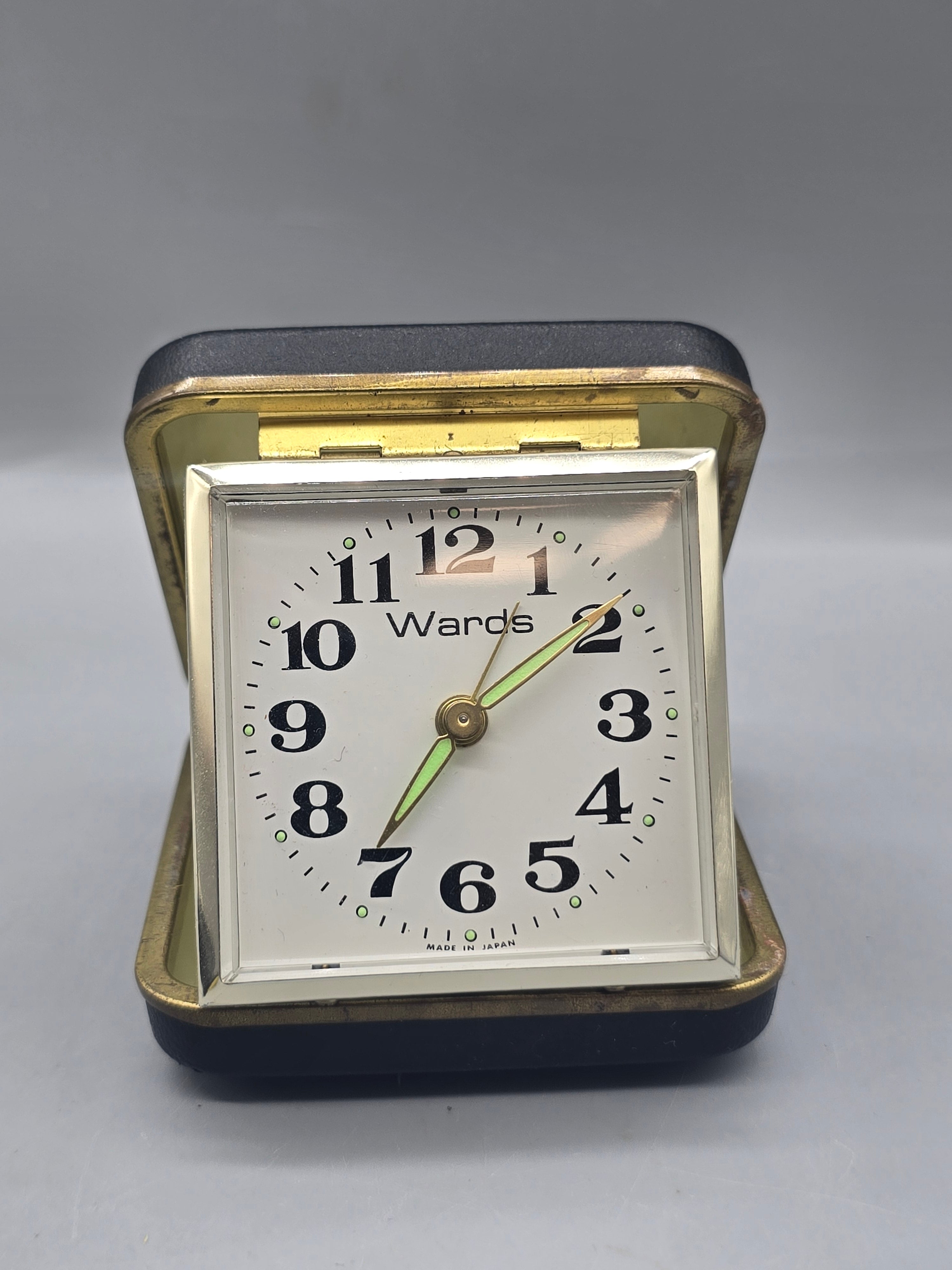 Vintage Wards Travel Alarm Clock Folding Case Made in Japan Wind-Up Mechanical Black Gold