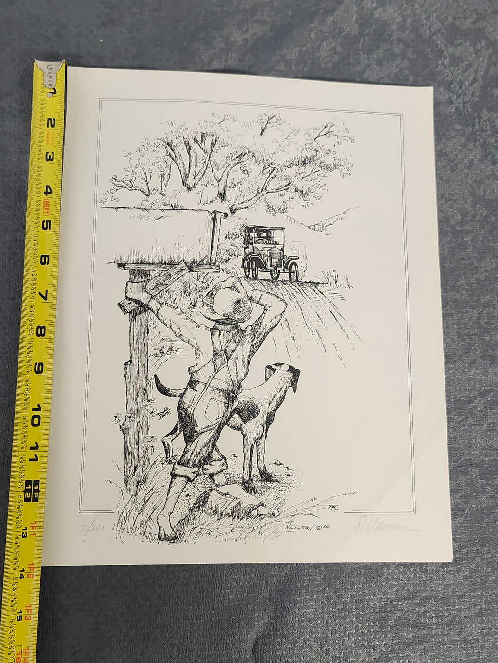 Signed Neseman 1980 Limited Edition Farm Boy Dog Print 71/250 11x14
