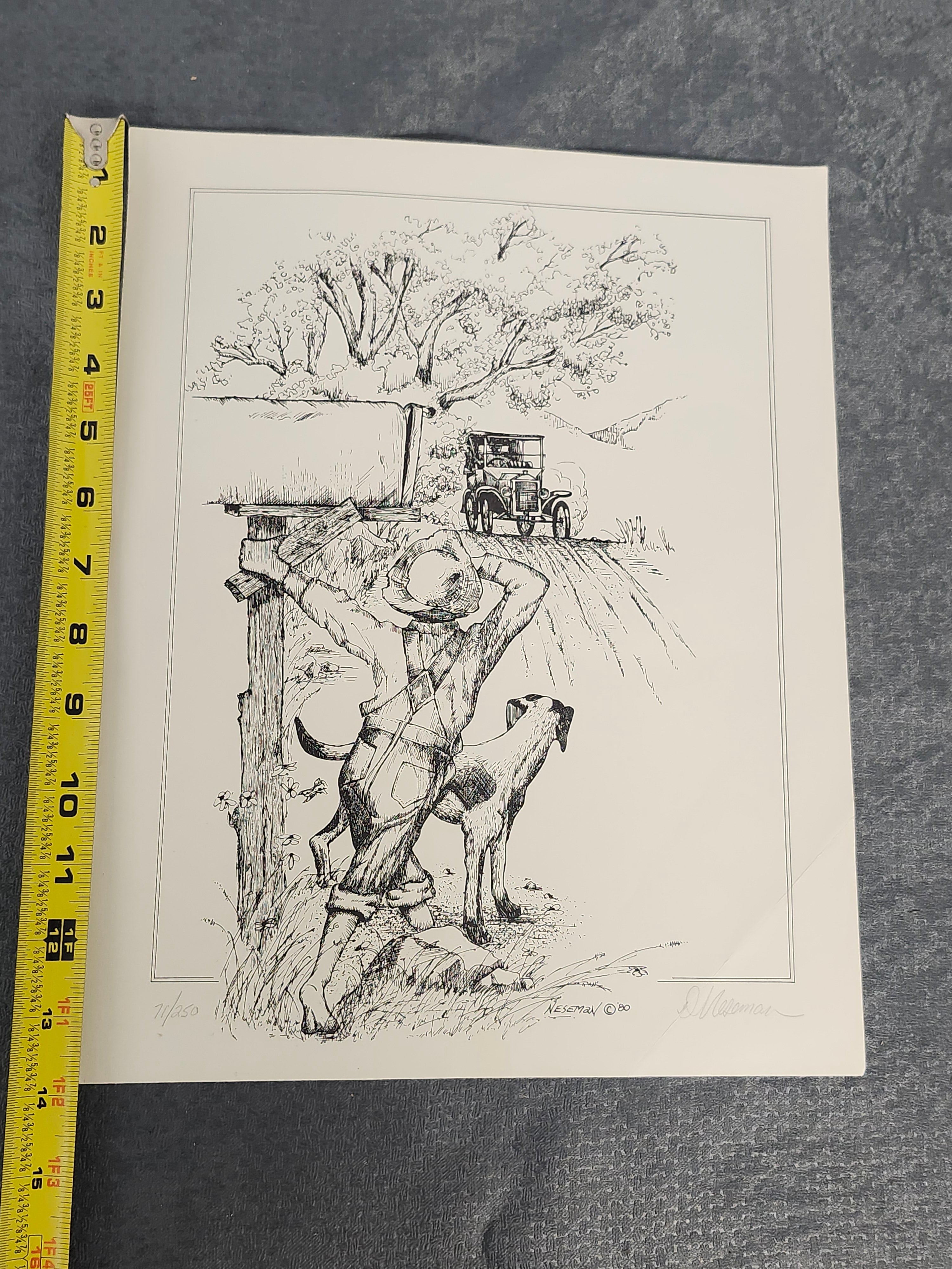 Signed Neseman 1980 Limited Edition Farm Boy Dog Print 71/250 11x14