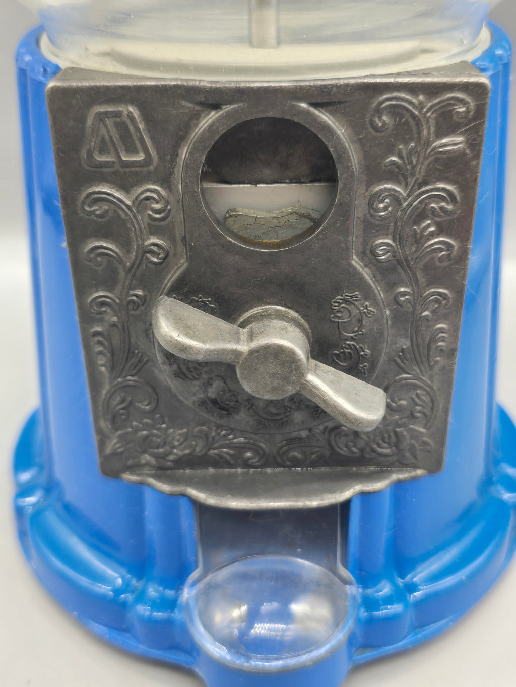 Vintage Blue Cast Metal & Plastic Gumball Candy Machine Bank Coin-Operated Dispenser