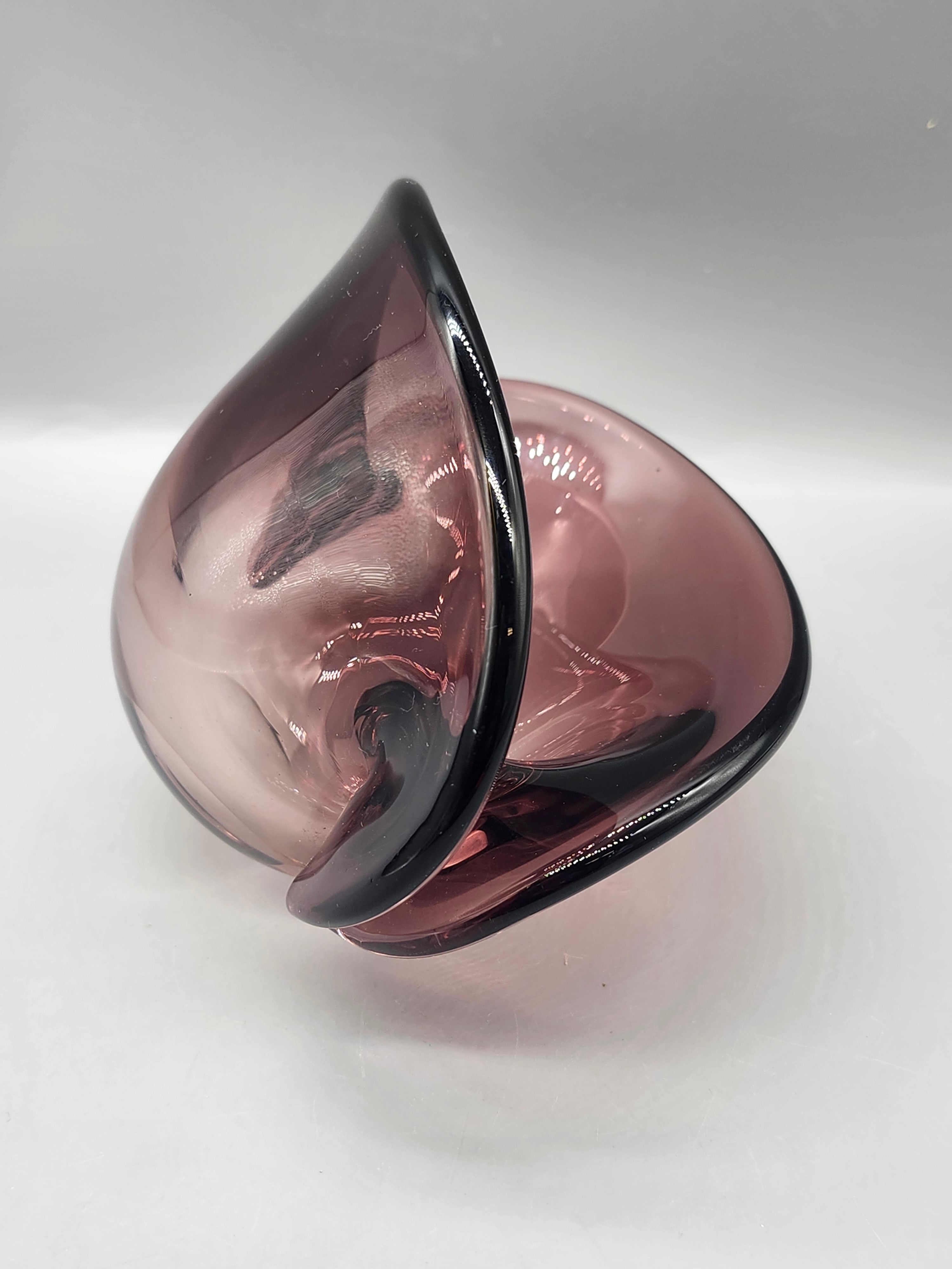 Vintage Amethyst Art Glass Clam Shell Bowl Purple Hand Blown Centerpiece
