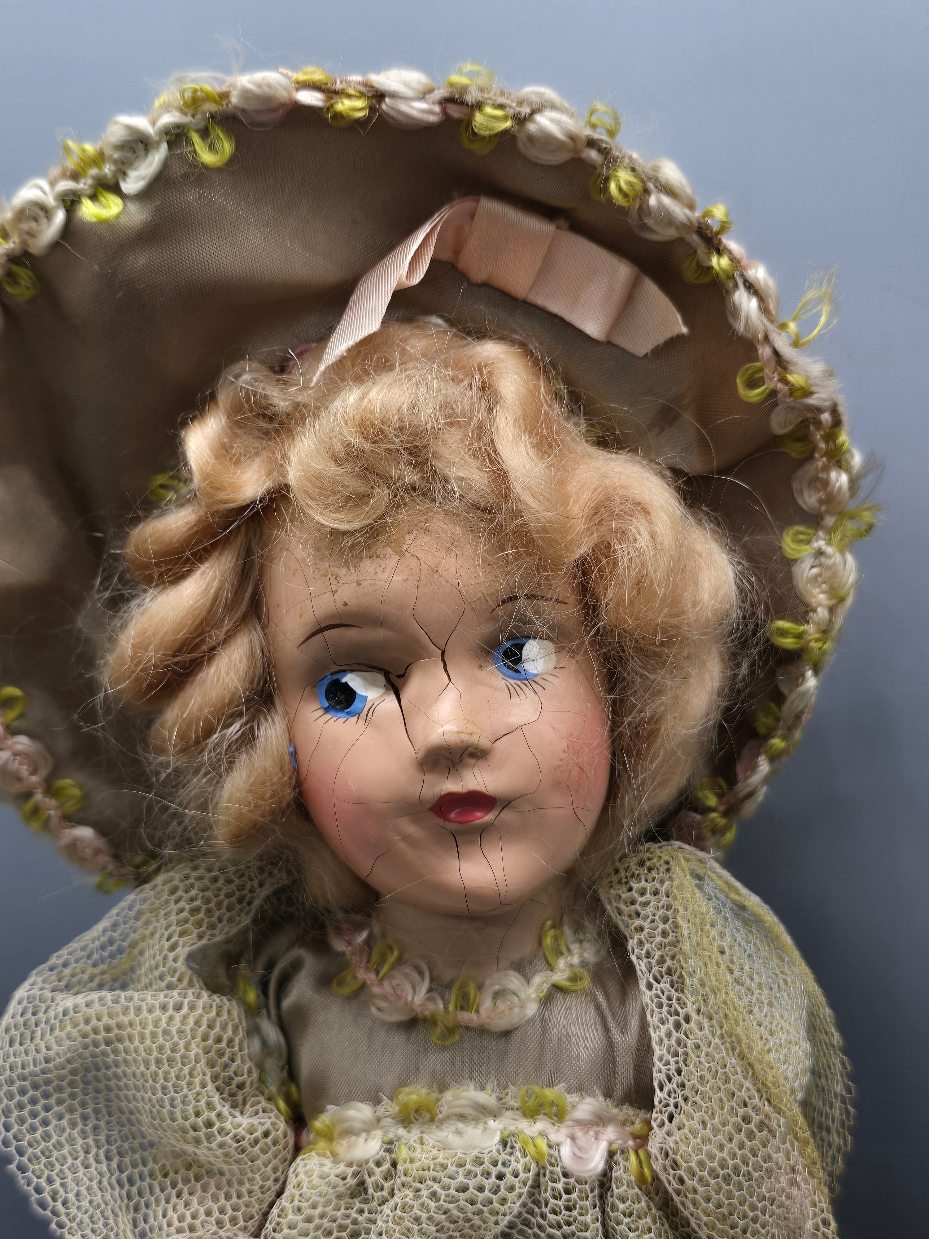 Vintage Composition Doll Curly Blonde Hair Bonnet Dress Sleep Eyes TLC