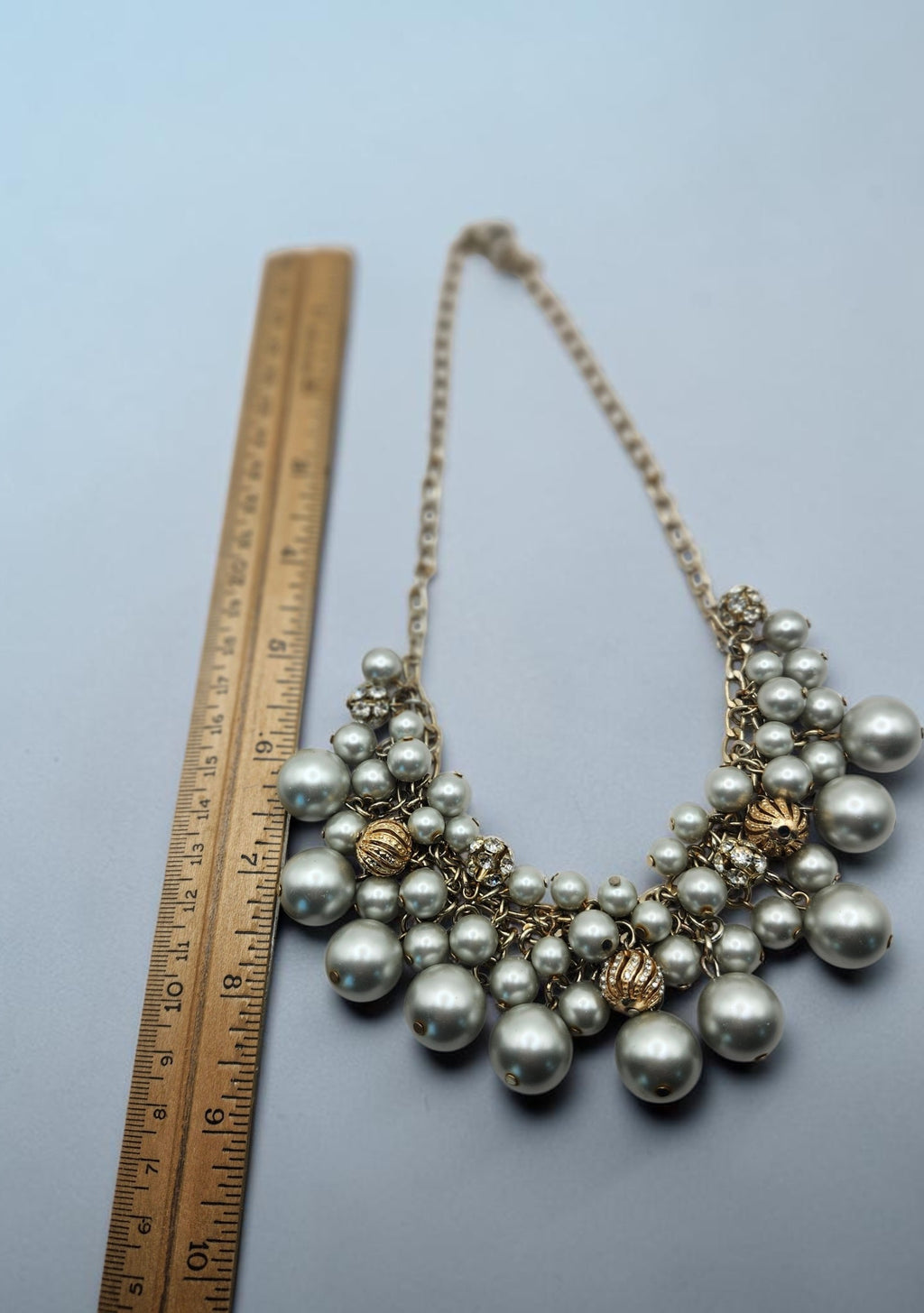 Gold Tone Faux Pearl Cluster Statement Bib Necklace Rhinestone Adjustable Fashion Jewelry