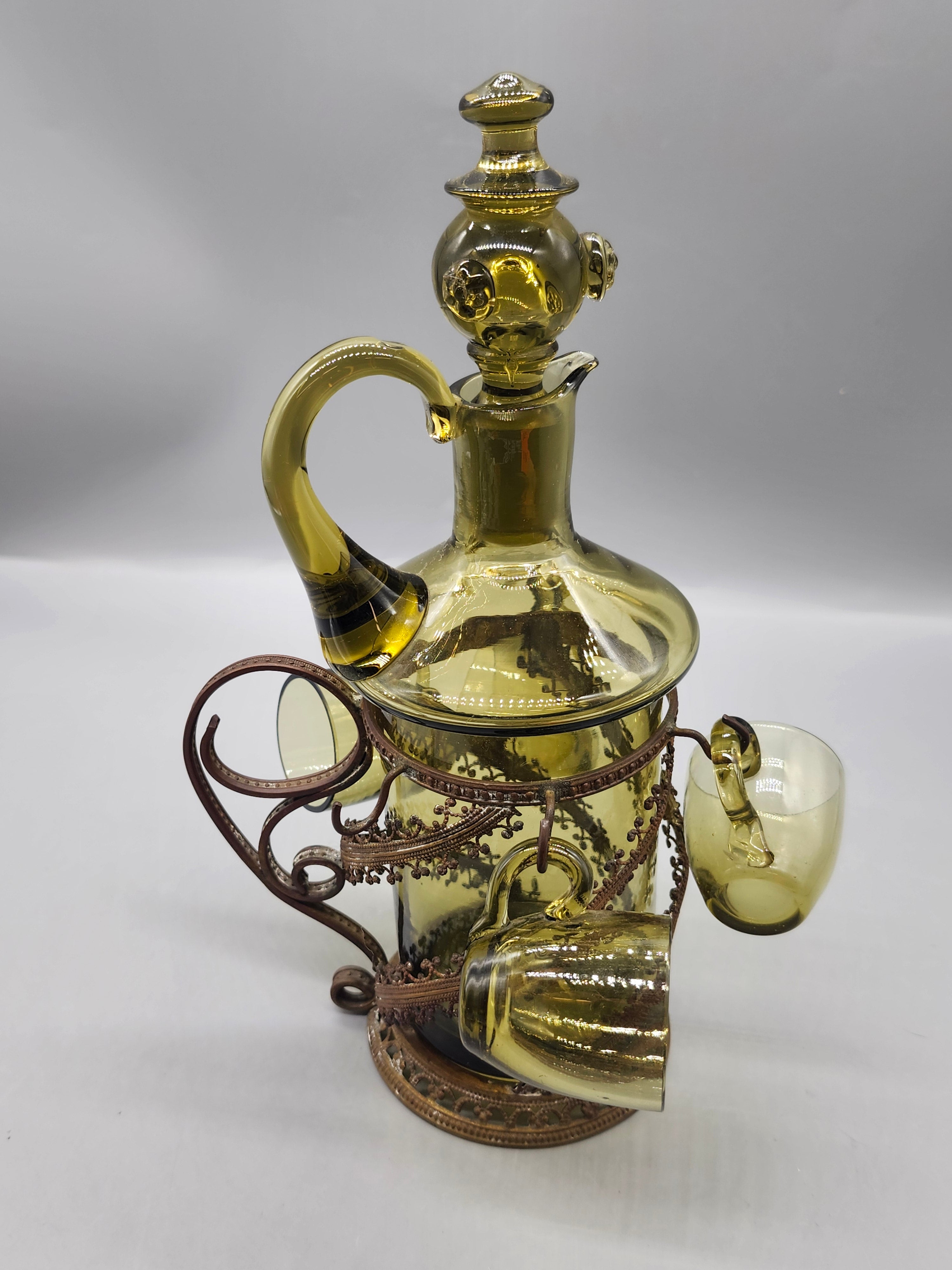 Vintage Green Glass Decanter 4 Cups Caddy Set Empoli Italian Genie Bottle