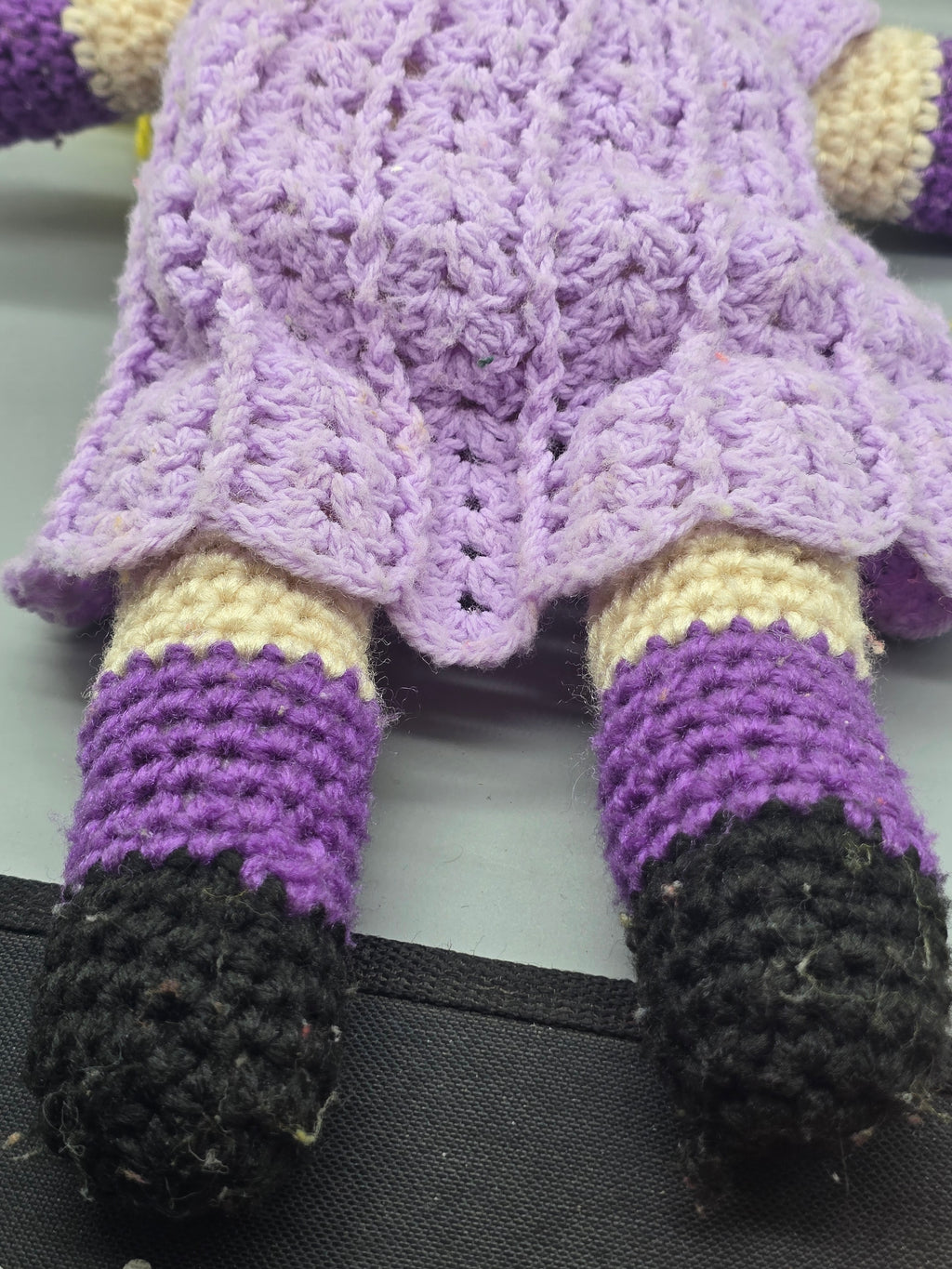 Vintage Handmade Crochet Ms Piggy Doll in Purple Dress – Blonde Yarn Hair – 17" Plush Collectible