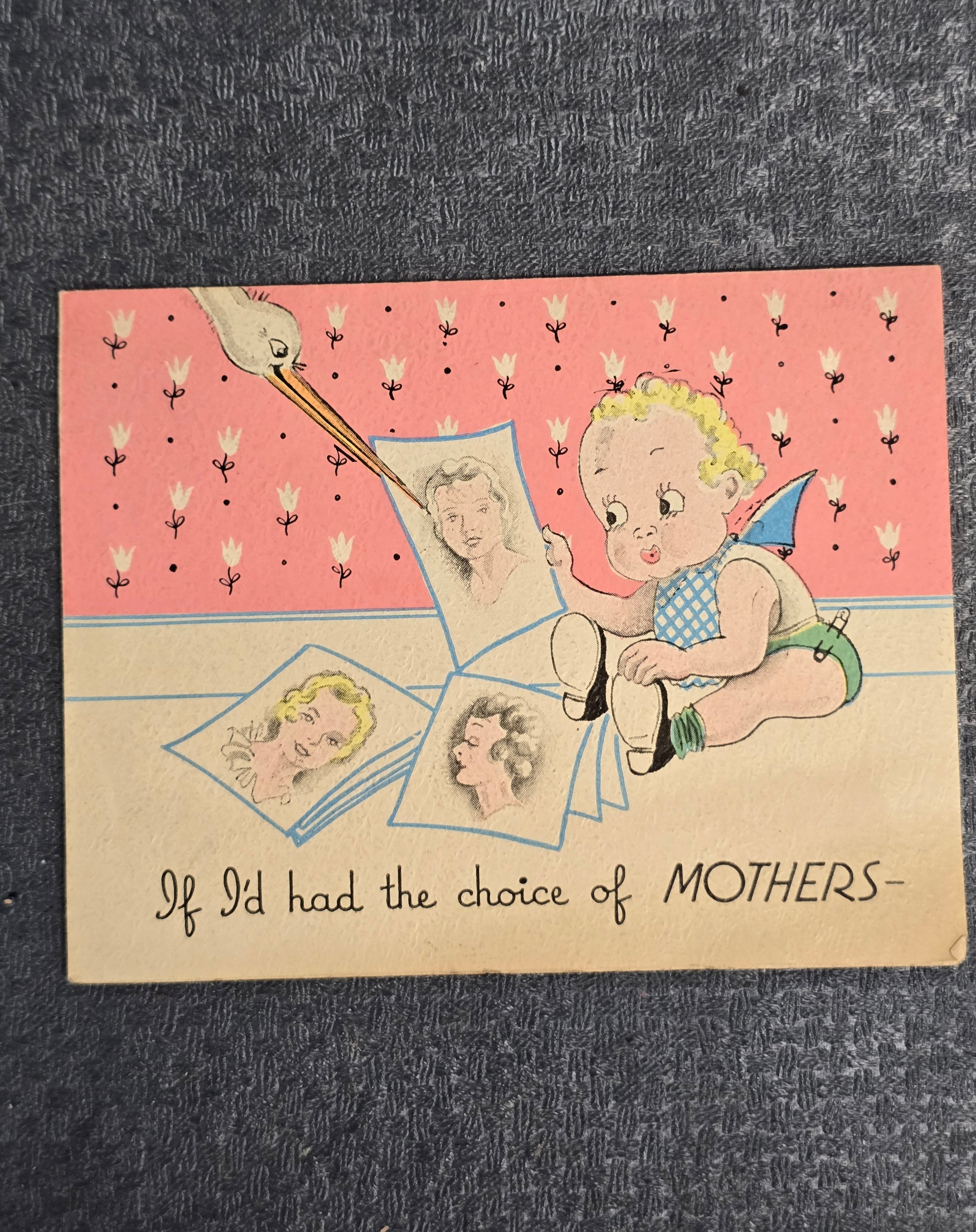 Vintage Mother's Day Greeting Card Cute Baby Stork Hallmark Style c.1930s-1940s