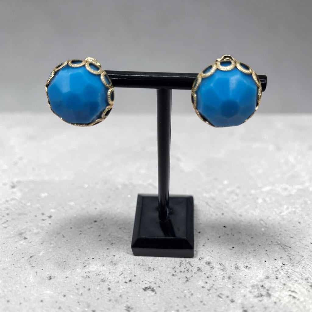 Vintage Blue Faceted Lucite Clip-On Earrings Gold Tone Filigree Accent Retro