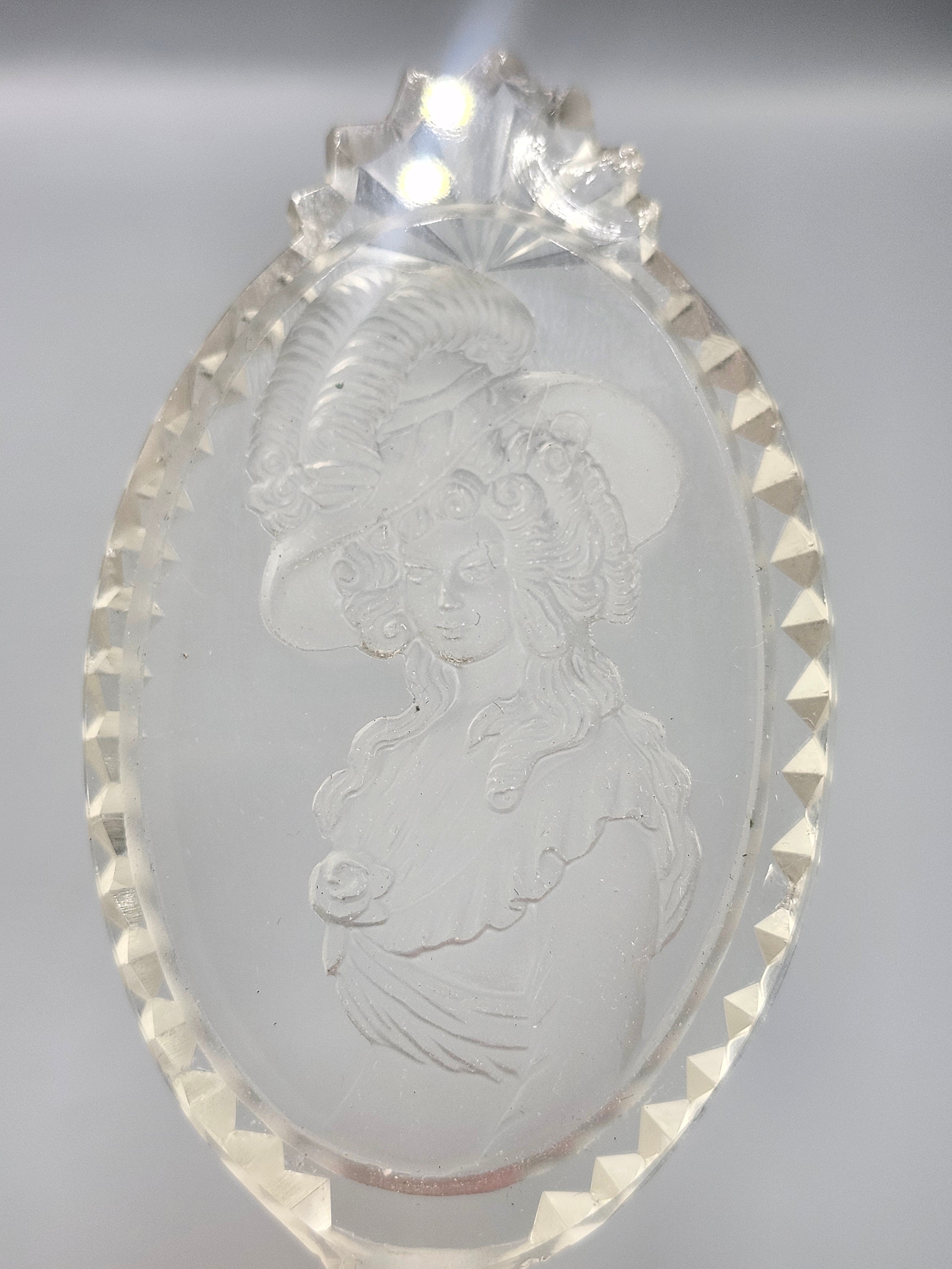Vintage Frosted Glass Perfume Bottle Stopper Victorian Lady Intaglio Crystal