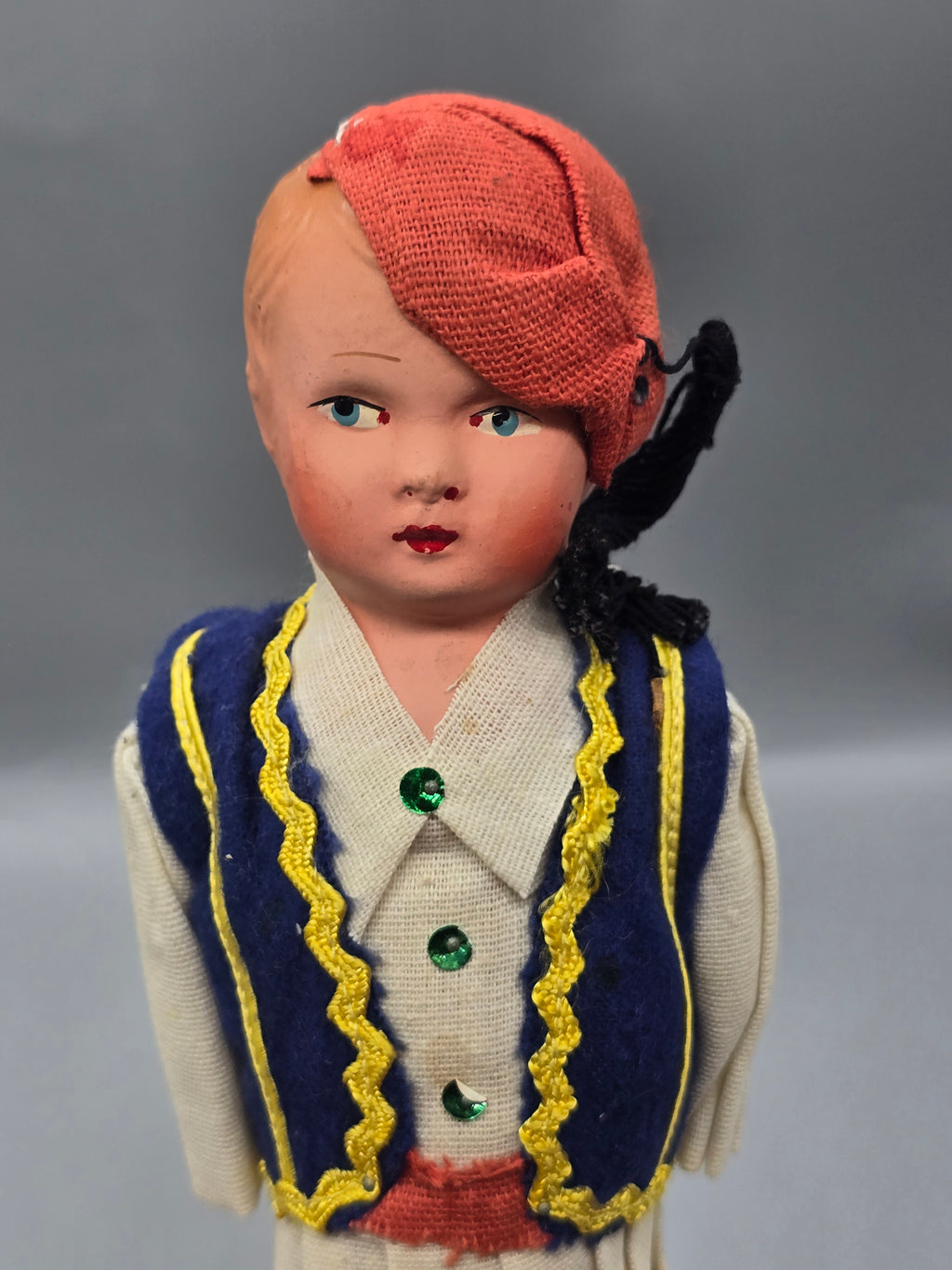 Vintage Greek Evzone Souvenir Doll Hand Painted Composition Face Traditional Folk Costume 10 Inch
