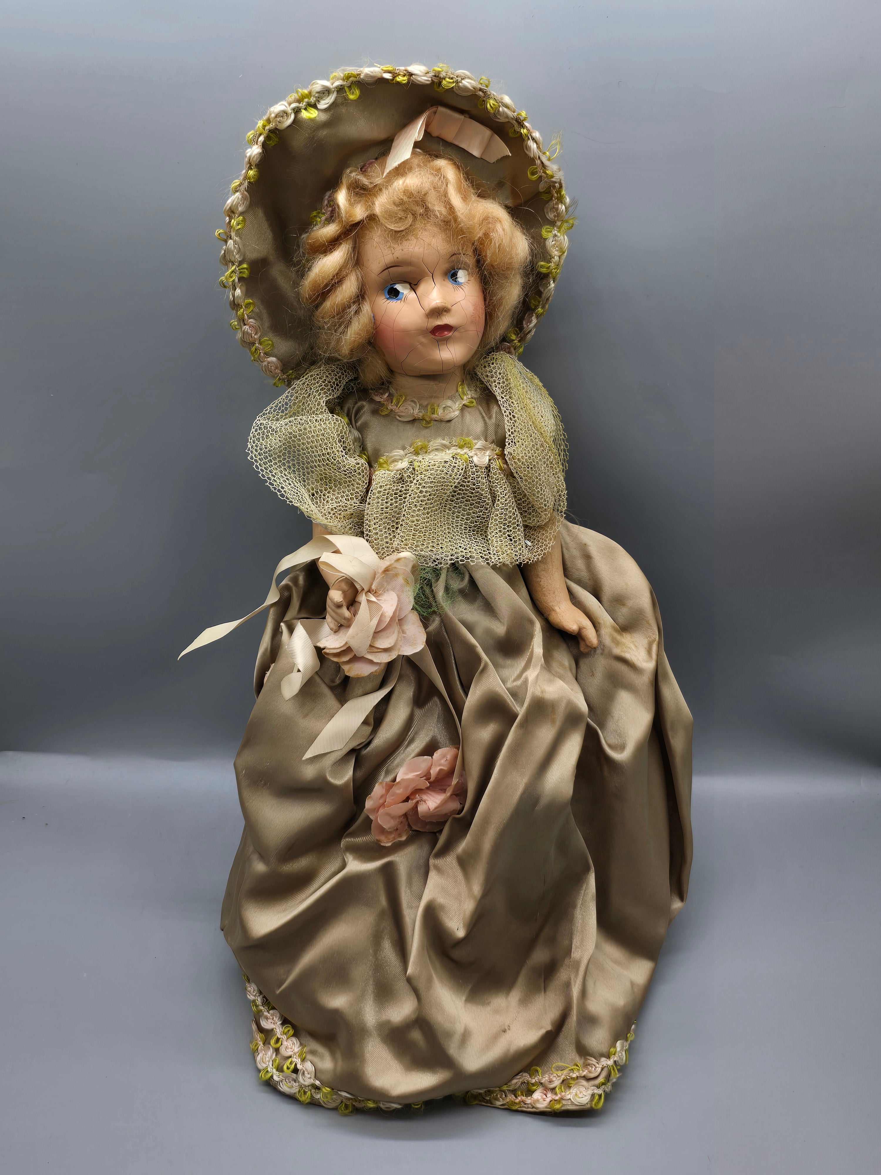 Vintage Composition Doll Curly Blonde Hair Bonnet Dress Sleep Eyes TLC