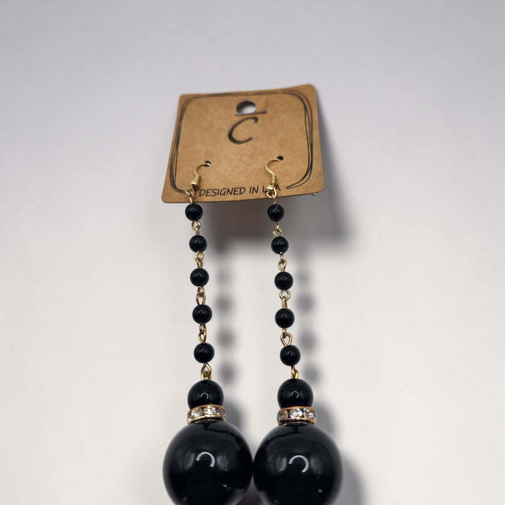 Black Beaded Dangle Drop Earrings Gold Tone Rhinestone Accent Fish Hook NWT