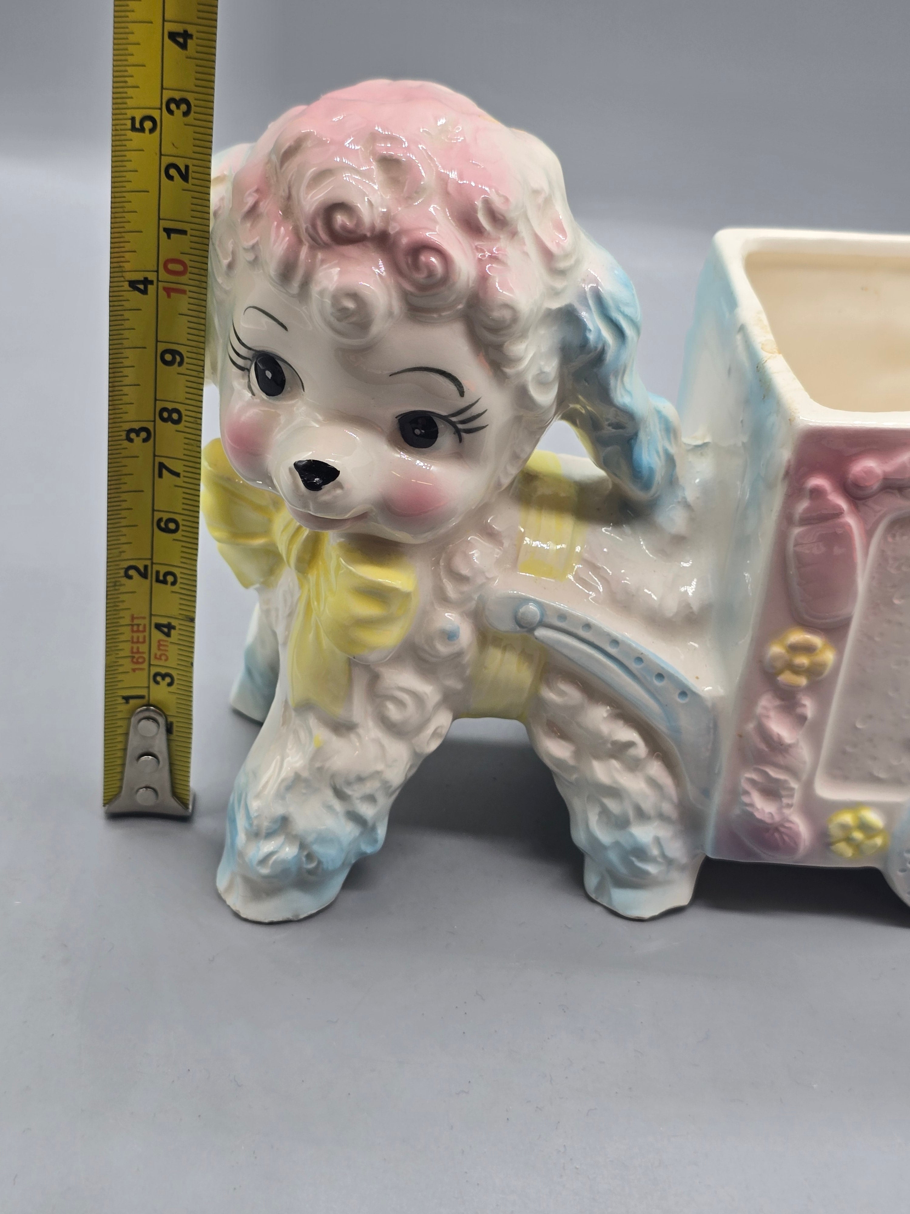 Vintage Ceramic Spaghetti Poodle Pull Wagon Planter Alphabet Block "A" Nursery Japan