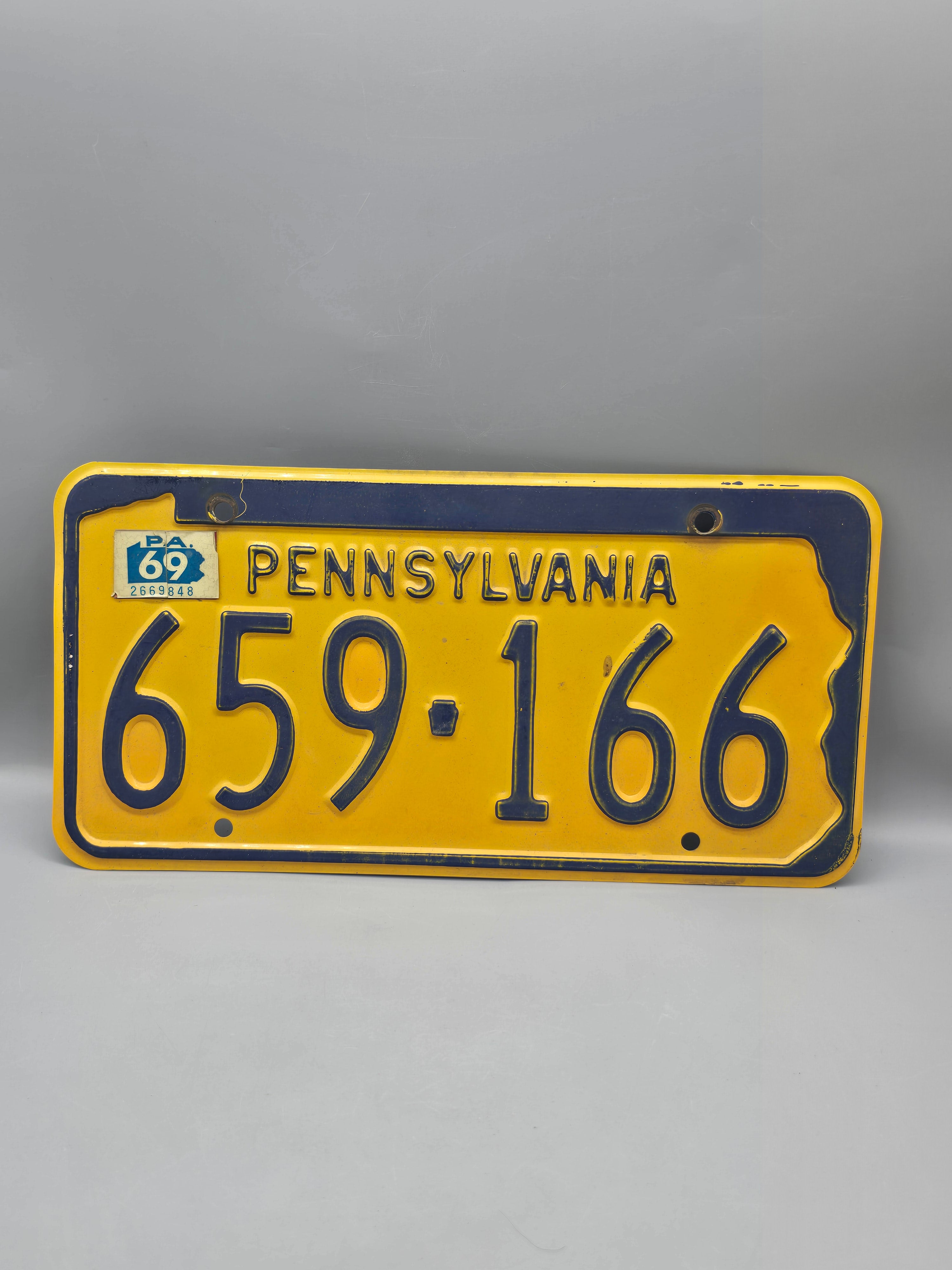 Vintage 1969 Pennsylvania License Plate #659-166 Original Yellow & Blue Embossed Tag