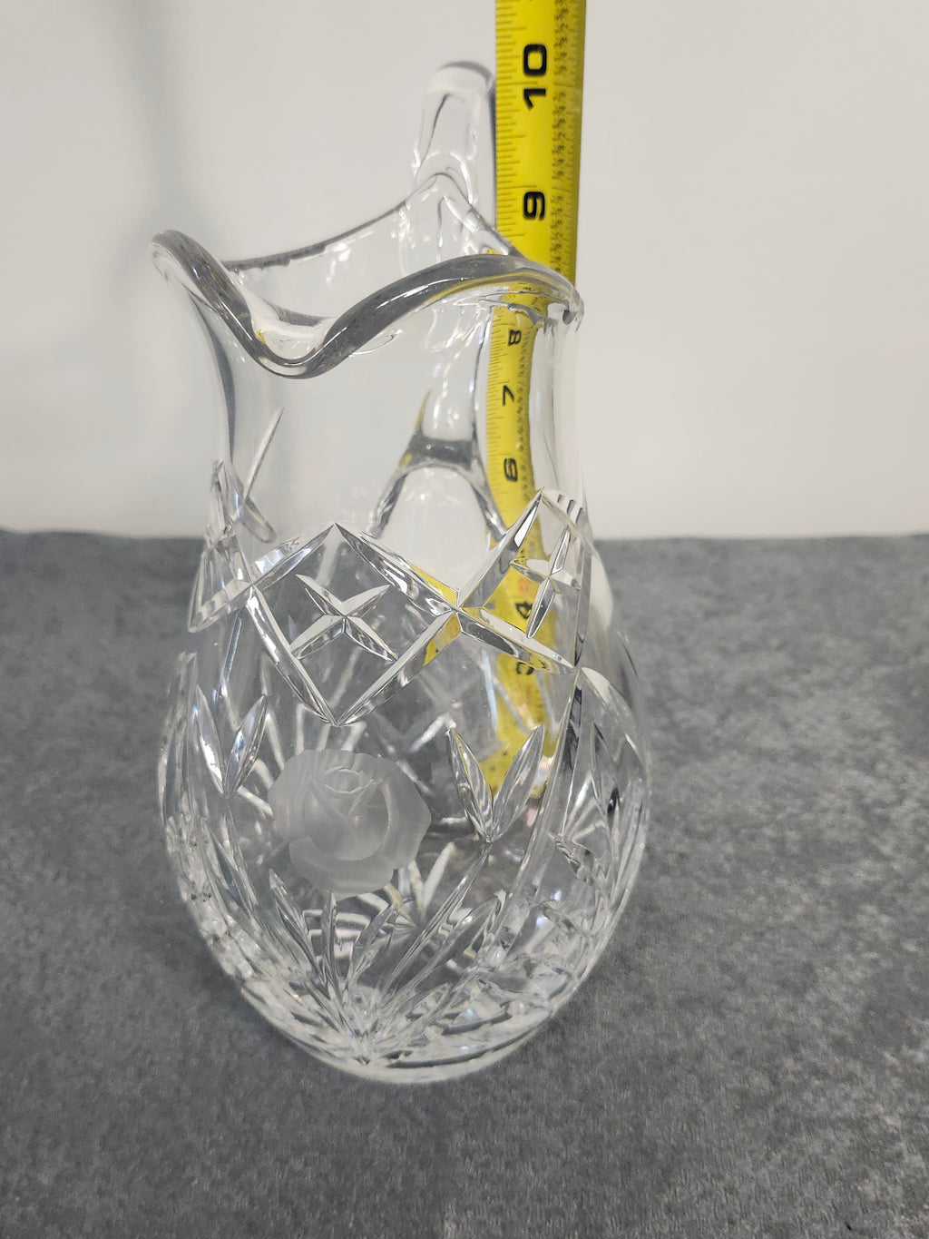 Vintage Cut Crystal Pitcher Etched Rose Floral Water Juice Vase 10"