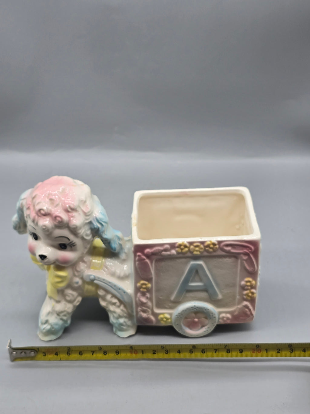 Vintage Ceramic Spaghetti Poodle Pull Wagon Planter Alphabet Block "A" Nursery Japan