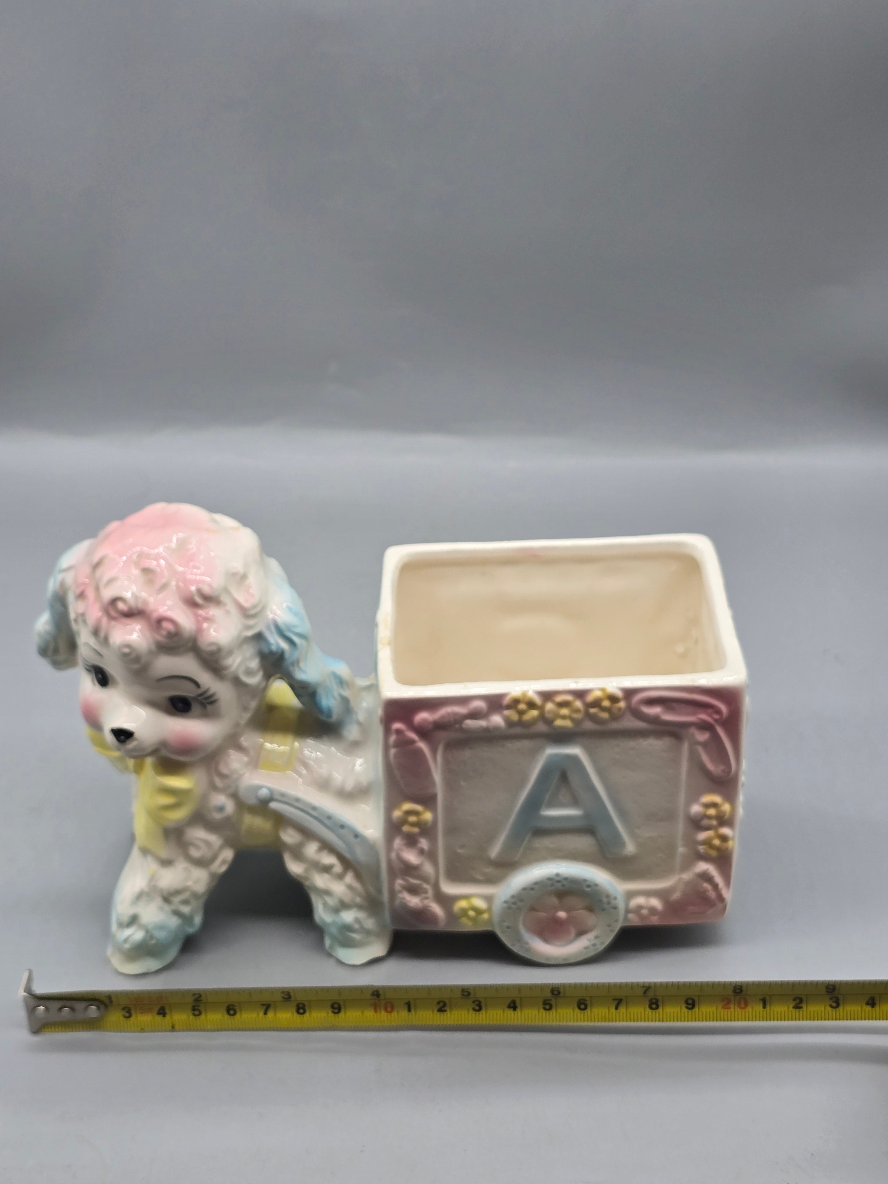 Vintage Ceramic Spaghetti Poodle Pull Wagon Planter Alphabet Block "A" Nursery Japan